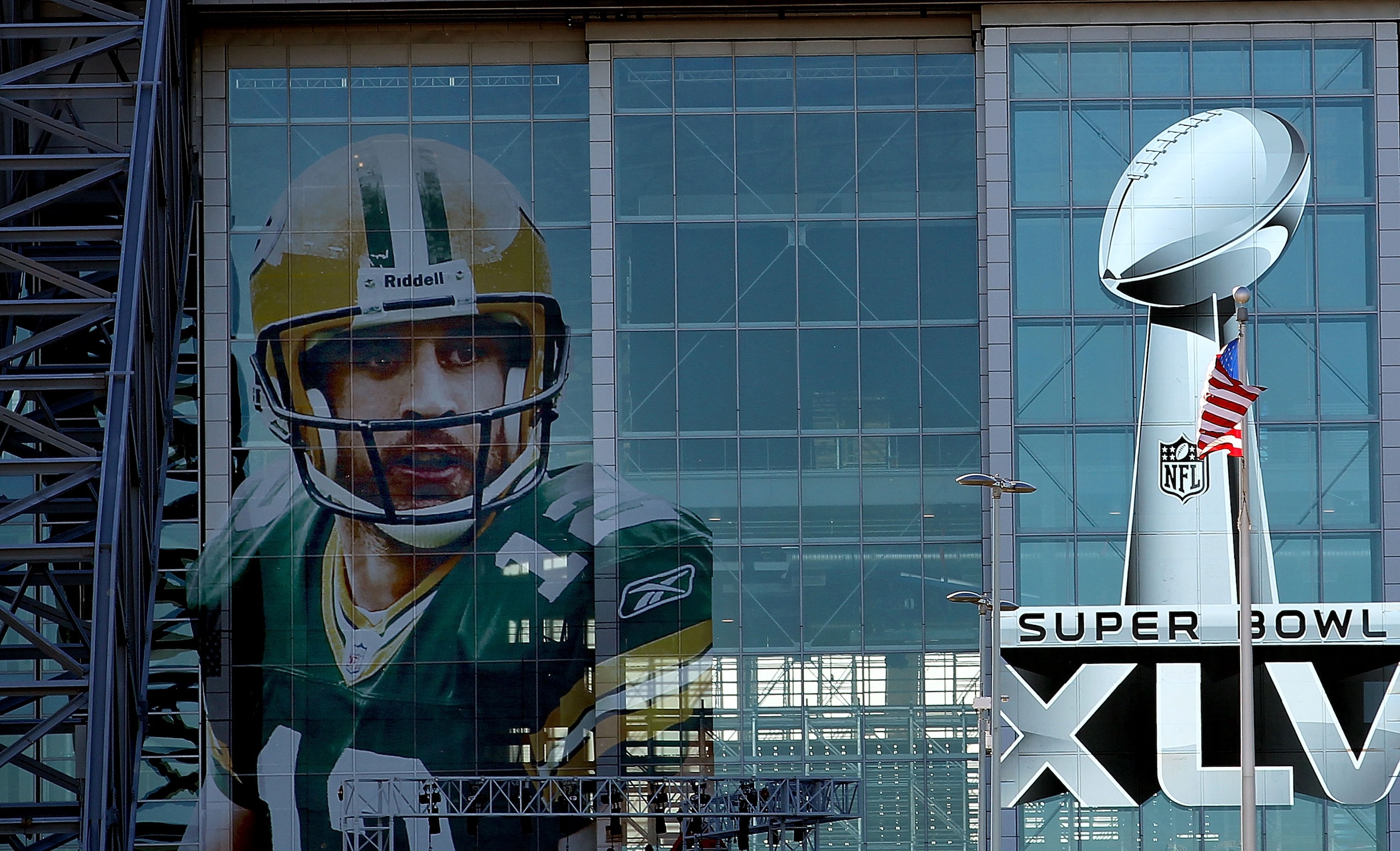 ARLINGTON, TX - JANUARY 27:  An image of Aaron Rodgers of the Green Bay Packers outside of Cowboys Stadium on January27, 2011 in Arlington, Texas.  Cowboys Stadium will host Super Bowl XLV on February 6, 2011 between the Pittsburgh Steelers and the Green