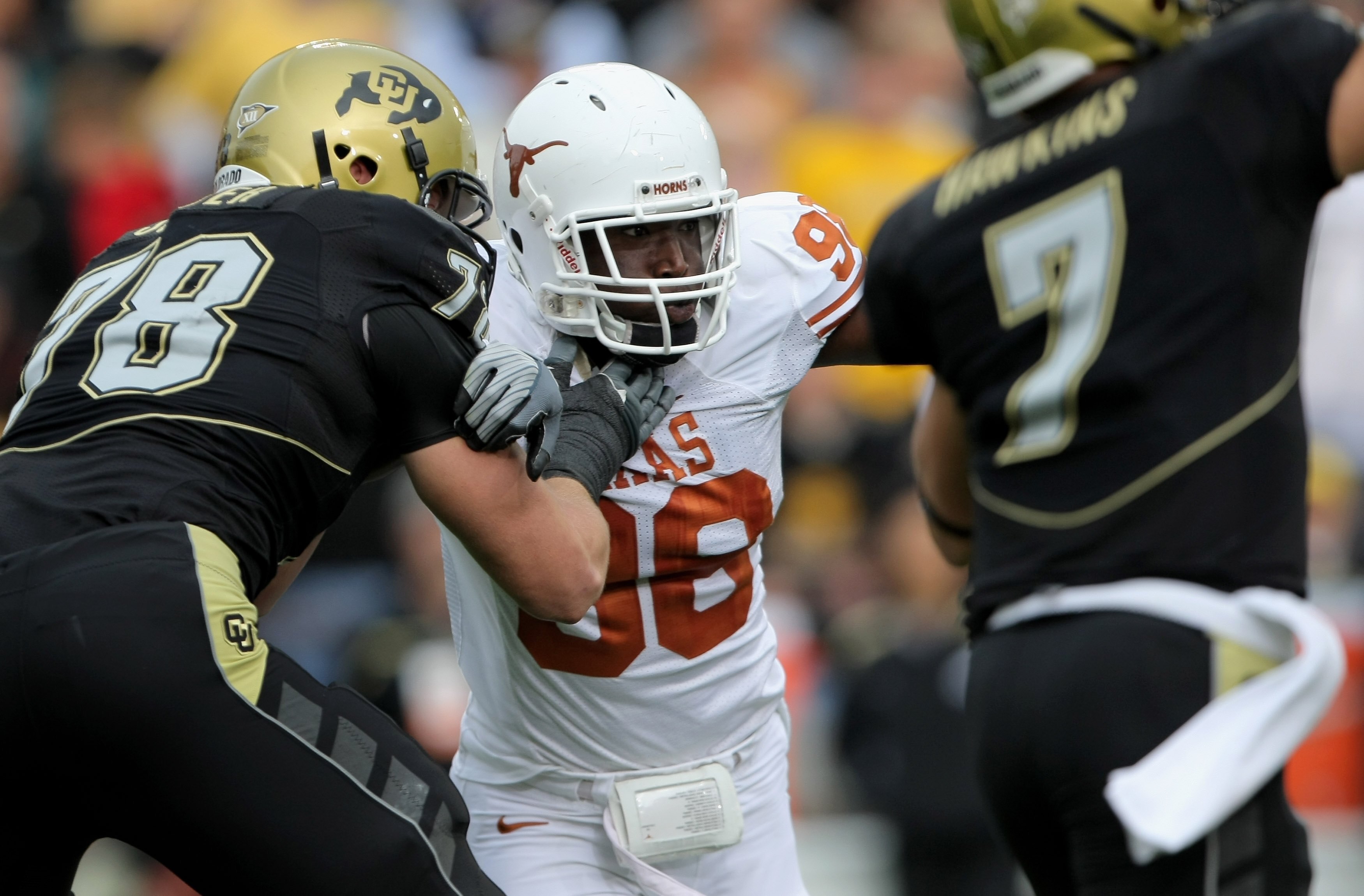 BOULDER, CO - OCTOBER 04:  Brian Orakpo #98 of the Texas Longhorns rushes against Nate Solder #78 the Colorado Buffaloes at Folsom Field on October 4, 2008 in Boulder, Colorado. Texas defeated Colorado 38-14.  (Photo by Doug Pensinger/Getty Images)