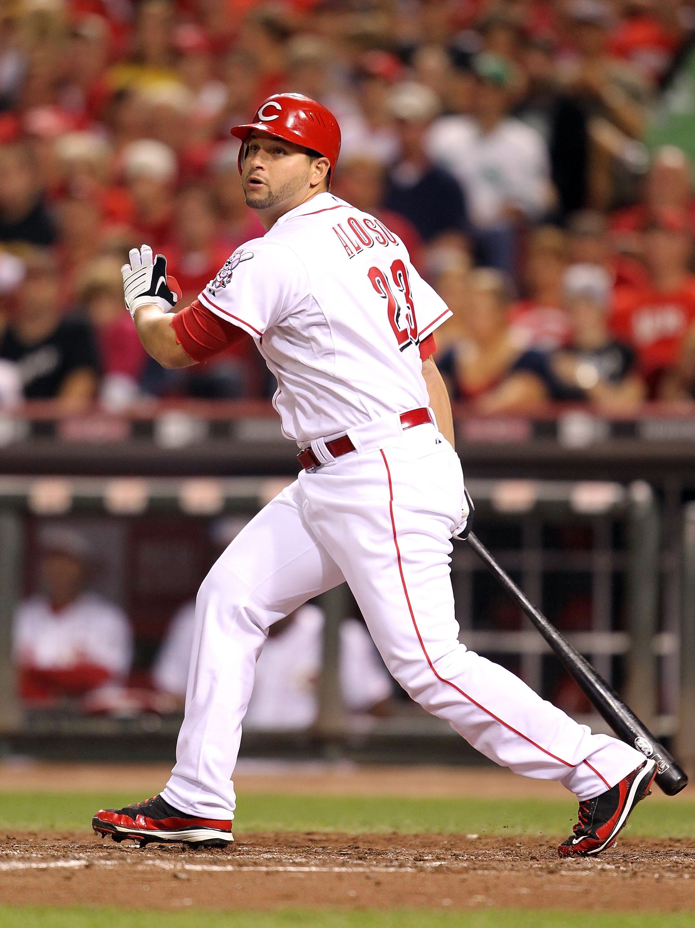 CINCINNATI - SEPTEMBER 11:  Yonder Alonso #23 of the Cincinnati Reds is at bat during the game against the Pittsburg Pirates at Great American Ball Park on September 11, 2010 in Cincinnati, Ohio.  (Photo by Andy Lyons/Getty Images)
