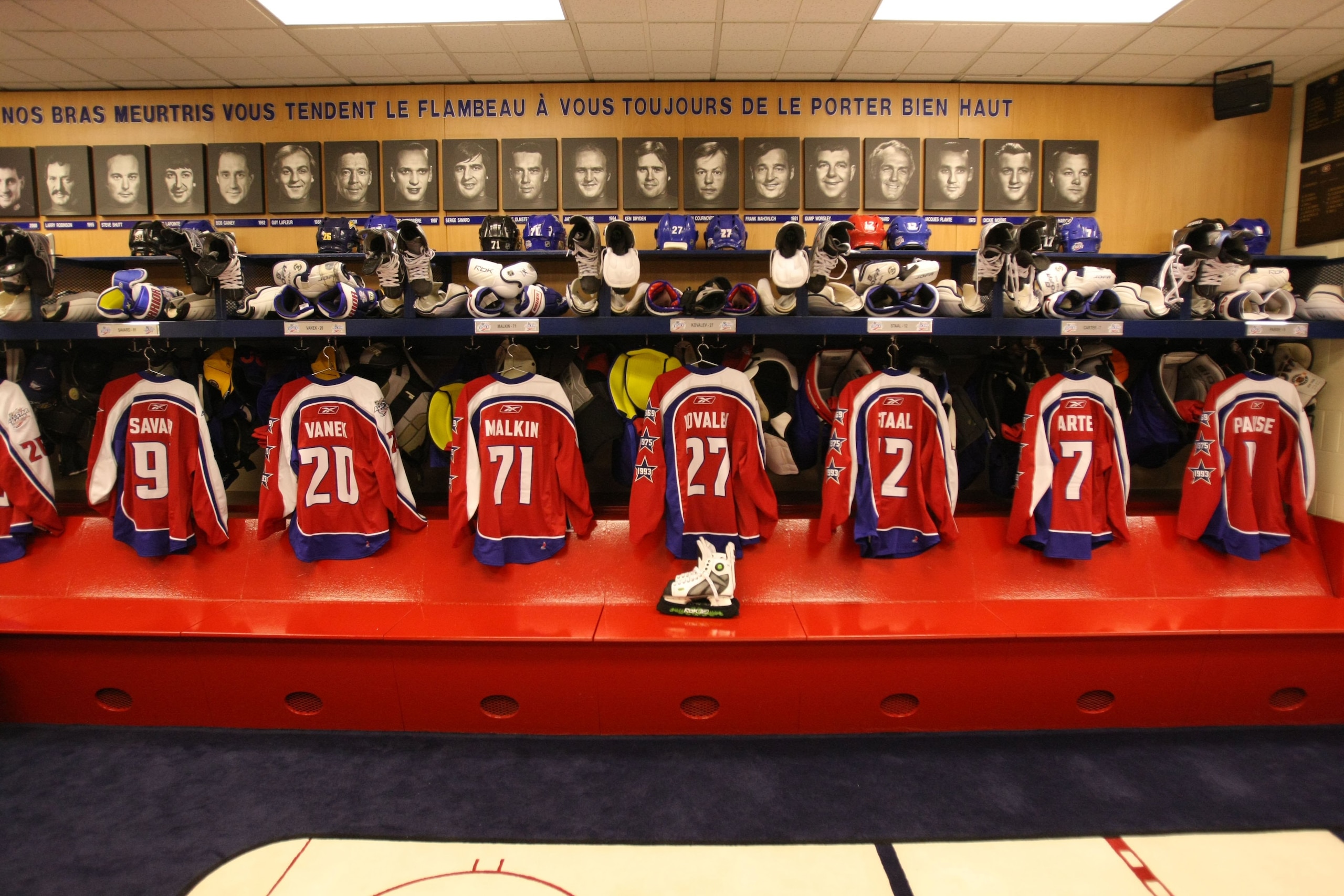 MONTREAL - JANUARY 24:  The jerseys of Eastern Conference All-Stars are shown in the locker room during the McDonalds/NHL All-Star open practice as part of the 2009 NHL All-Star weekend on January 24, 2009 at the Bell Centre in Montreal, Canada. (Photo by