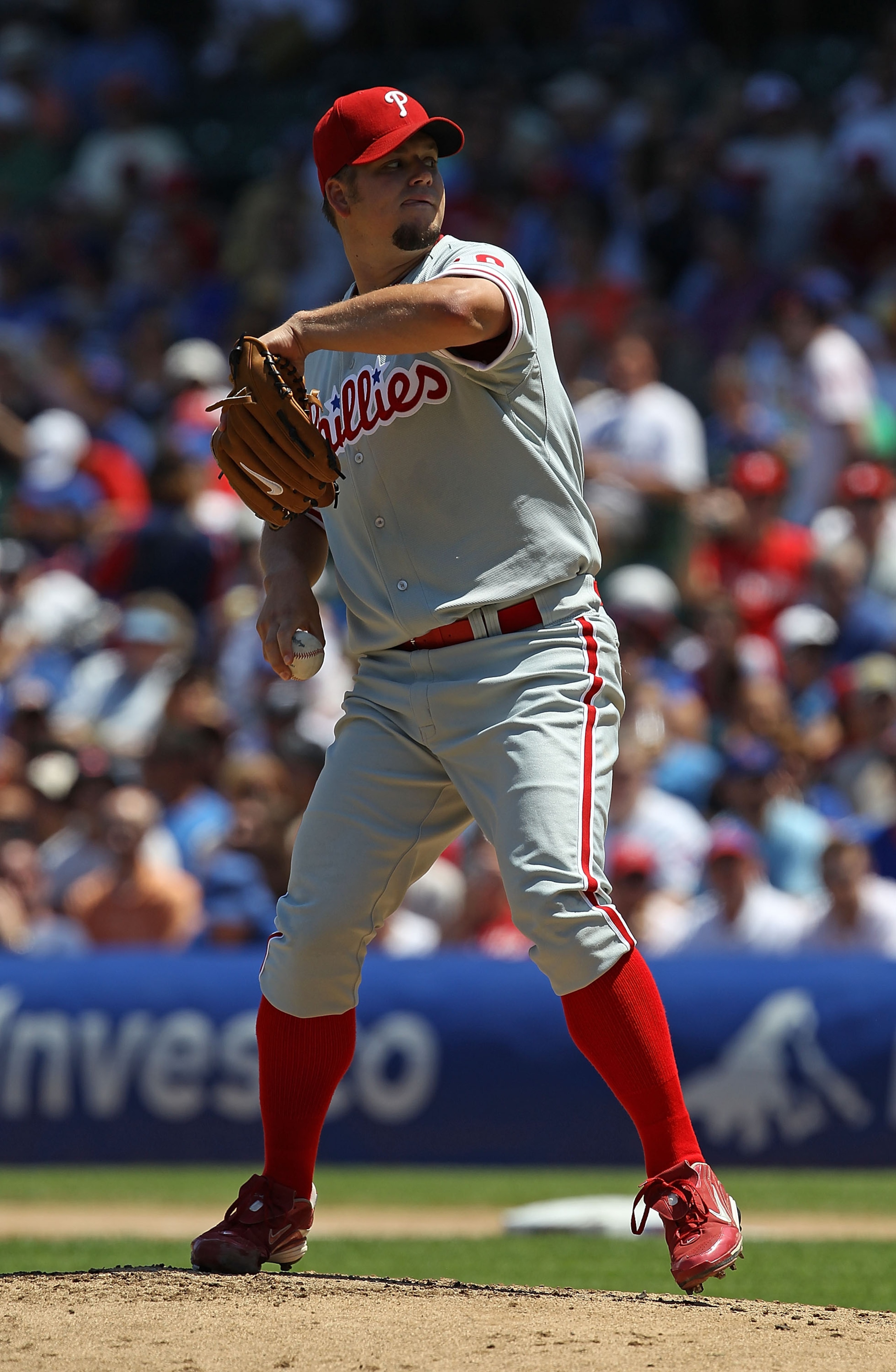 CHICAGO - JULY 16: Starting pitcher Joe Blanton #56 of the Philadelphia Phillies delivers the ball against the Chicago Cubs at Wrigley Field on July 16, 2010 in Chicago, Illinois. The Cubs defeated the Phillies 4-3.  (Photo by Jonathan Daniel/Getty Images