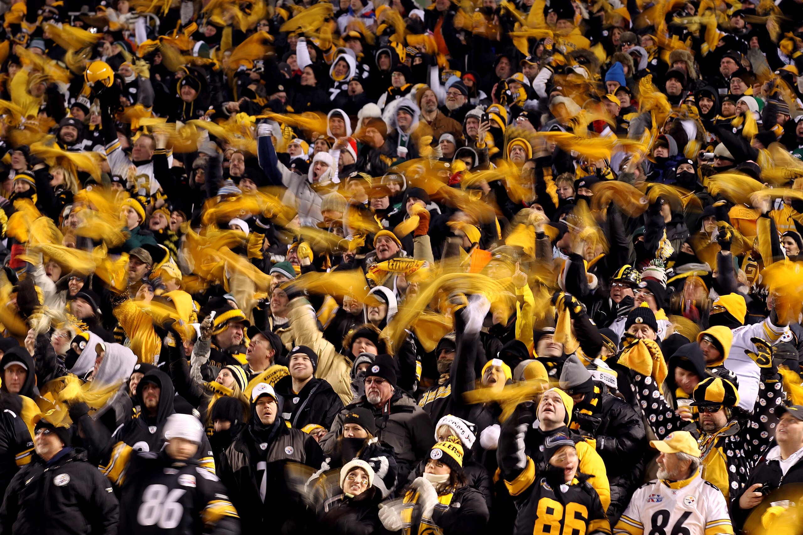 PITTSBURGH, PA - JANUARY 23: Pittsburgh Steelers fans wave terrible towels during their 2011 AFC Championship game against the New York Jets at Heinz Field on January 23, 2011 in Pittsburgh, Pennsylvania. (Photo by Al Bello/Getty Images) PITTSBURGH, PA - JANUARY 23: Pittsburgh Steelers fans wave terrible towels during their 2011 AFC Championship game against the New York Jets at Heinz Field on January 23, 2011 in Pittsburgh, Pennsylvania. (Photo by Al Bello/Getty Images)