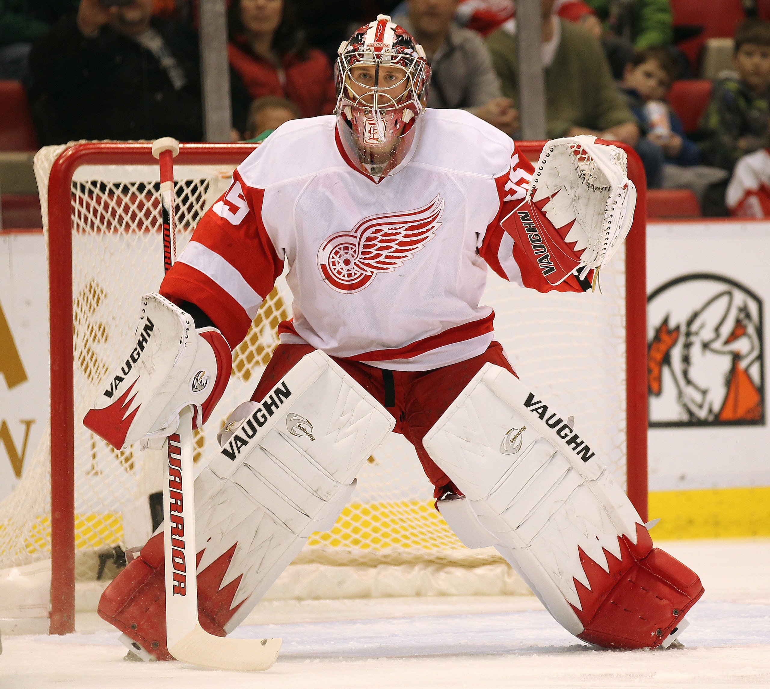 DETROIT, MI - JANUARY 22:  Jimmy Howard #35 of the Detroit Red Wings watches the play in a game against the Chicago Black Hawks on January 22, 2011 at the Joe Louis Arena in Detroit, Michigan. The Hawks defeated the Wings 4-1. (Photo by Claus Andersen/Get