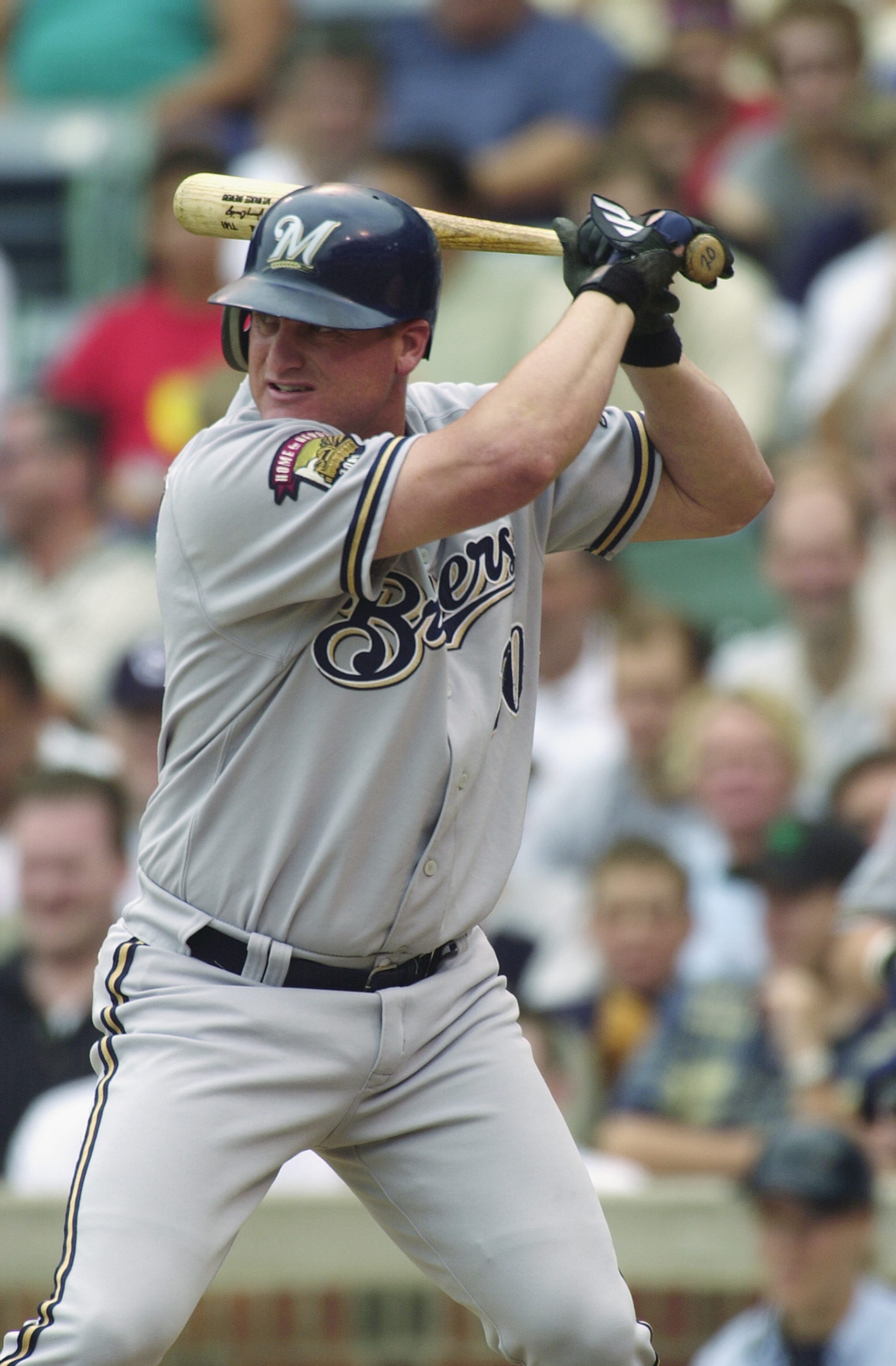 CHICAGO - AUGUST 28:  Rightfielder Jeromy Burnitz #20 of the Milwaukee Brewers readies at the plate against the Chicago Cubs on August 28, 2001 at Wrigley Field in Chicago, Illinois.  The Brewers defeated the Cubs 8-1.  (Photo by Jonathan Daniel/Getty Ima