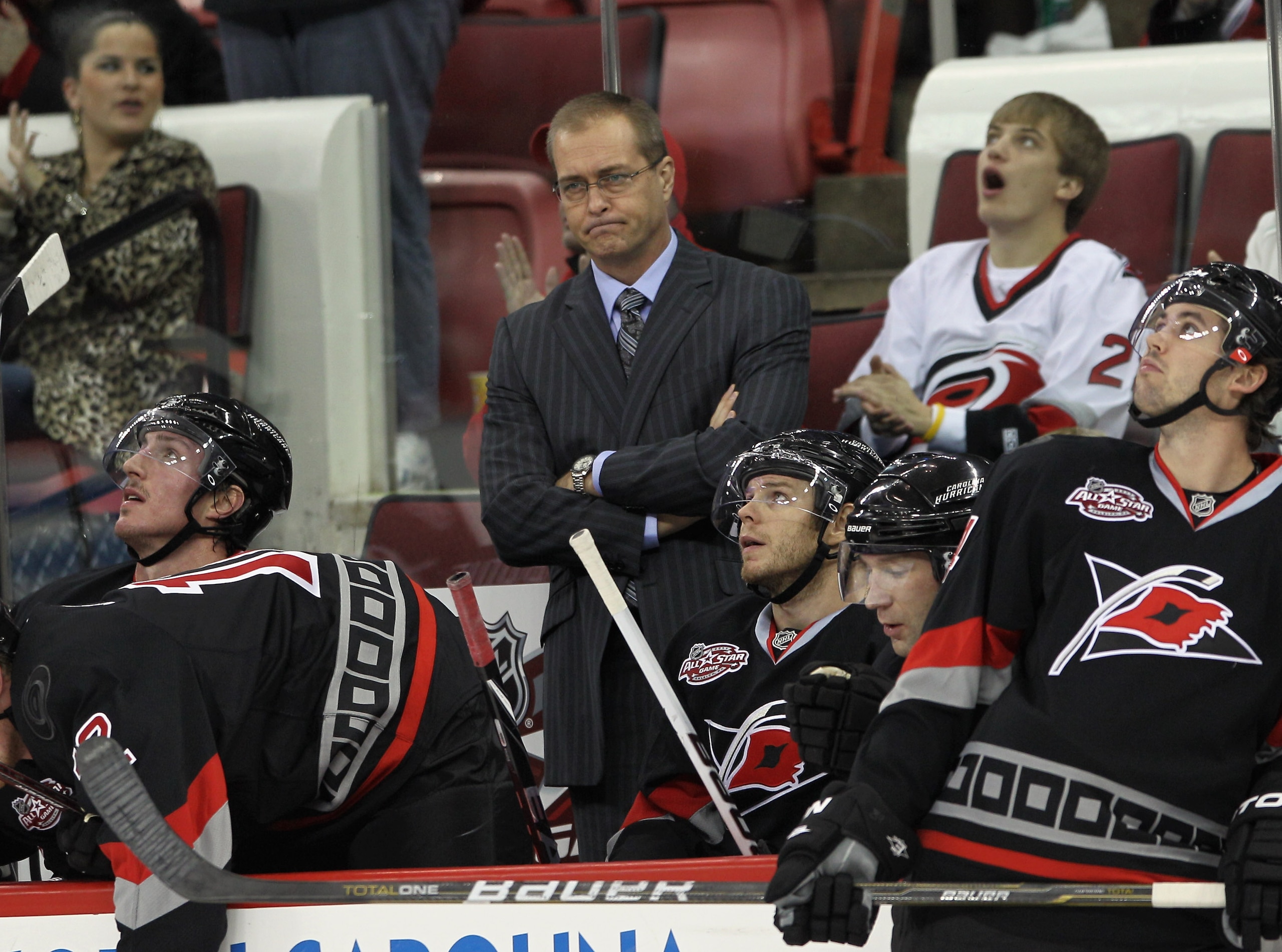 RALEIGH, NC - NOVEMBER 29: Head coach Paul Maurice of the Carolina Hurricanes reflects during a time out in his game against the Dallas Stars at the RBC Center on November 29, 2010 in Raleigh, North Carolina.  (Photo by Bruce Bennett/Getty Images)