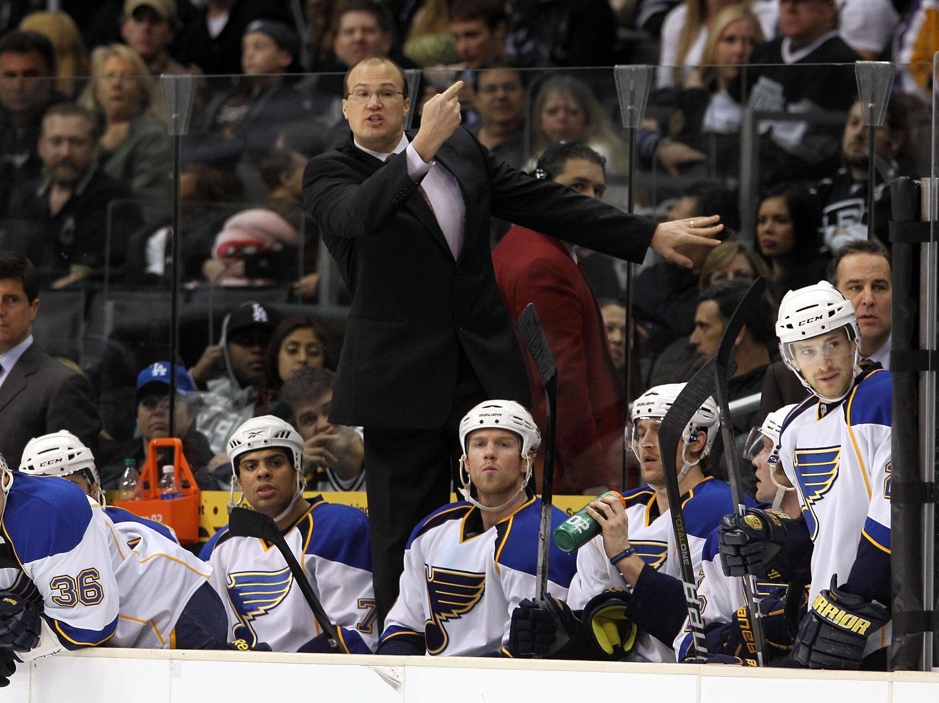 LOS ANGELES, CA - JANUARY 13: Head coach Davis Payne of the St. Louis Blues gives players last minute instructions in their game against the Los Angeles Kings at the Staples Center on January 13, 2011 in Los Angeles, California. The Blues defeated the Kin