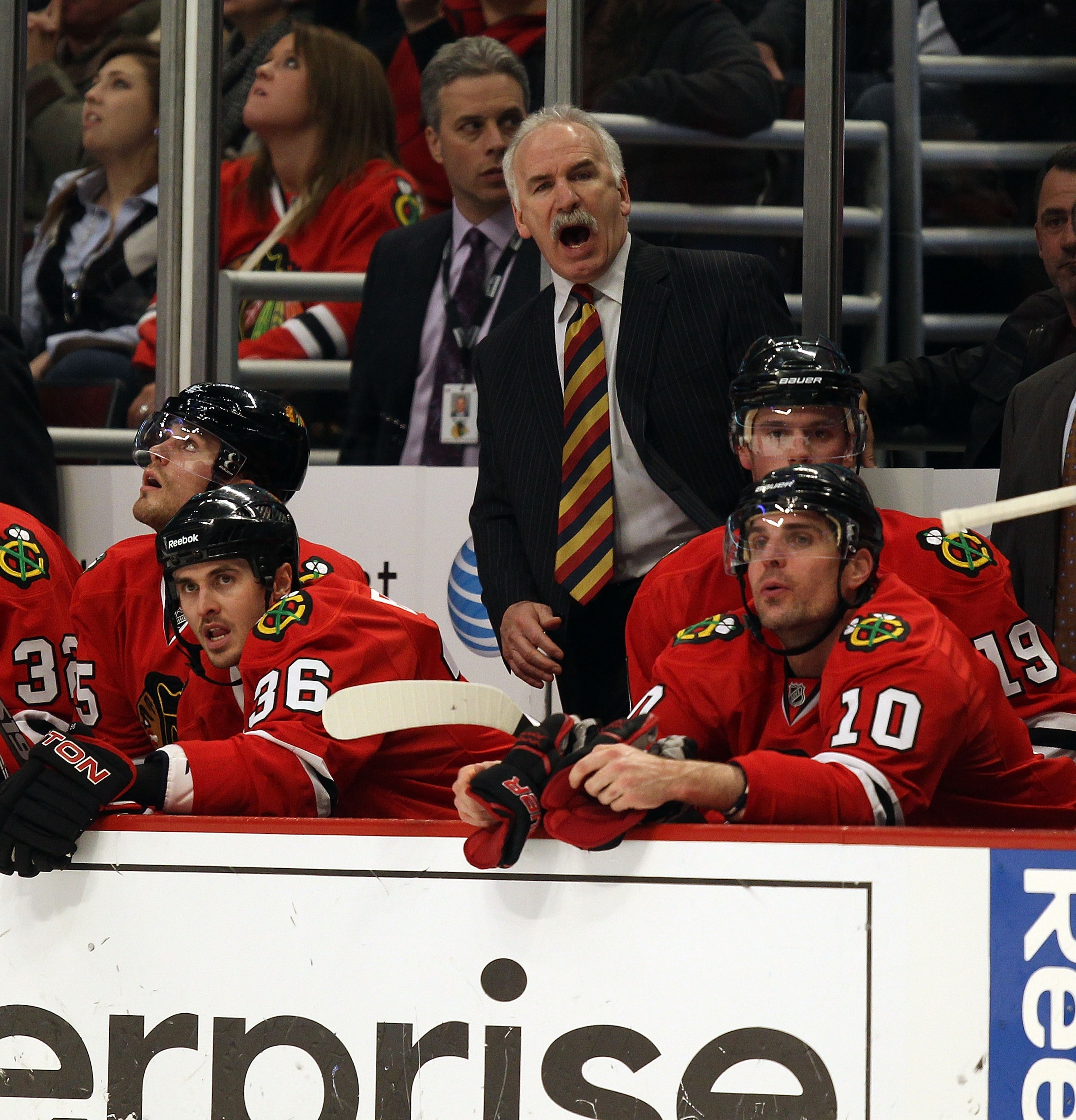 CHICAGO, IL - JANUARY 05: Head coach Joel Quenneville of the Chicago Blackhawks yells encouragement to his team during a game against  the Dallas Stars at the United Center on January 5, 2011 in Chicago, Illinois. The Stars defeated the Blackhawks 4-2. (P