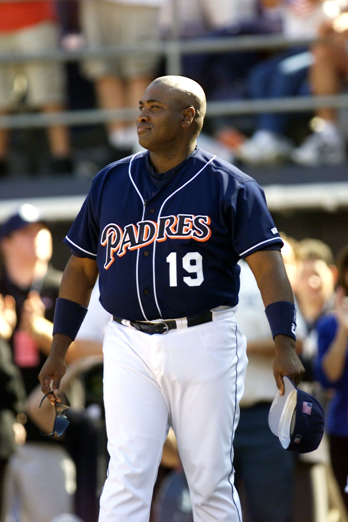 7 Oct 01:  San Diego Padres outfielder Tony Gwynn #19 stands during ceremonies prior to their game versus the Colorado Rockies at Qualcomm Stadium in San Diego, California.  It was Gwynn's final game.  The Rockies won 14-5.  DIGITAL IMAGE Mandatory Credit