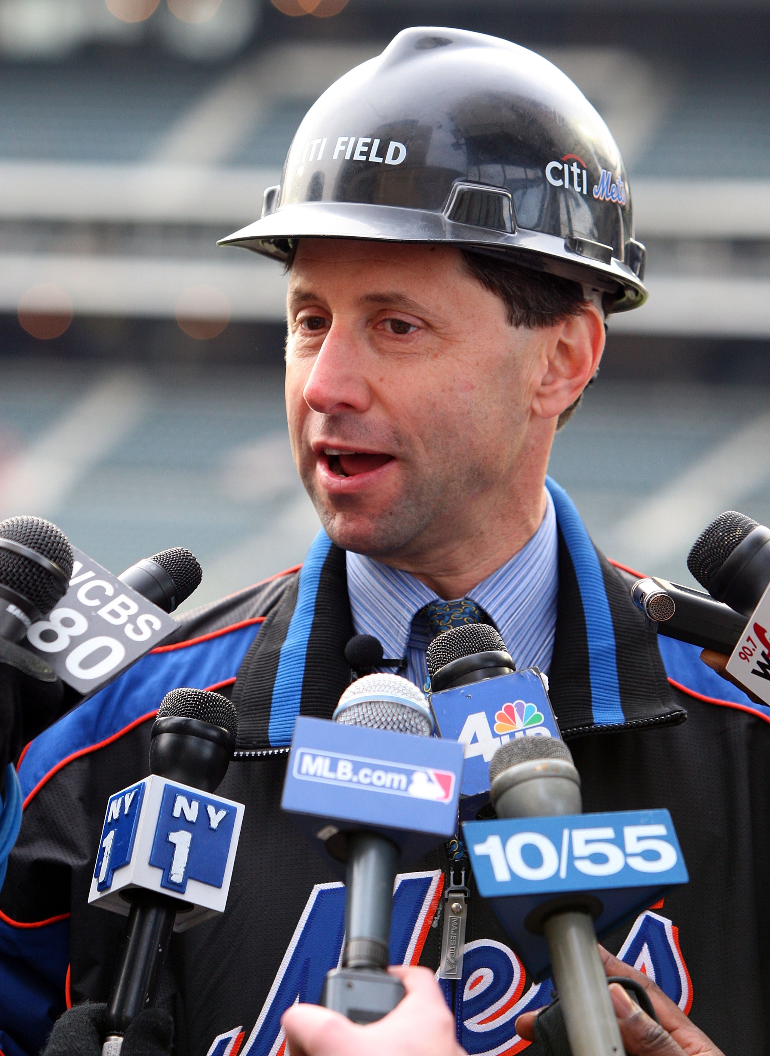 NEW YORK - DECEMBER 02:  New York Mets chief operating officer Jeff Wilpon speaks with the media during a tour of Citi Field on December 1, 2008 in the Flushing neighborhood of the Queens borough of New York City. The Mets will play their first game in th