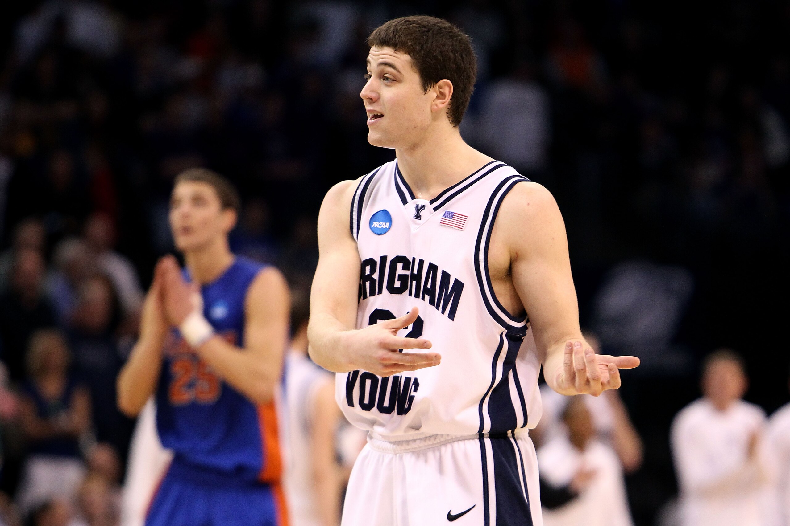 OKLAHOMA CITY - MARCH 18:  Jimmer Fredette #32 of the BYU Cougars reacts against the Florida Gators during the first round of the 2010 NCAA menï¿½s basketball tournament at Ford Center on March 18, 2010 in Oklahoma City, Oklahoma.  (Photo by Ronald Martinez