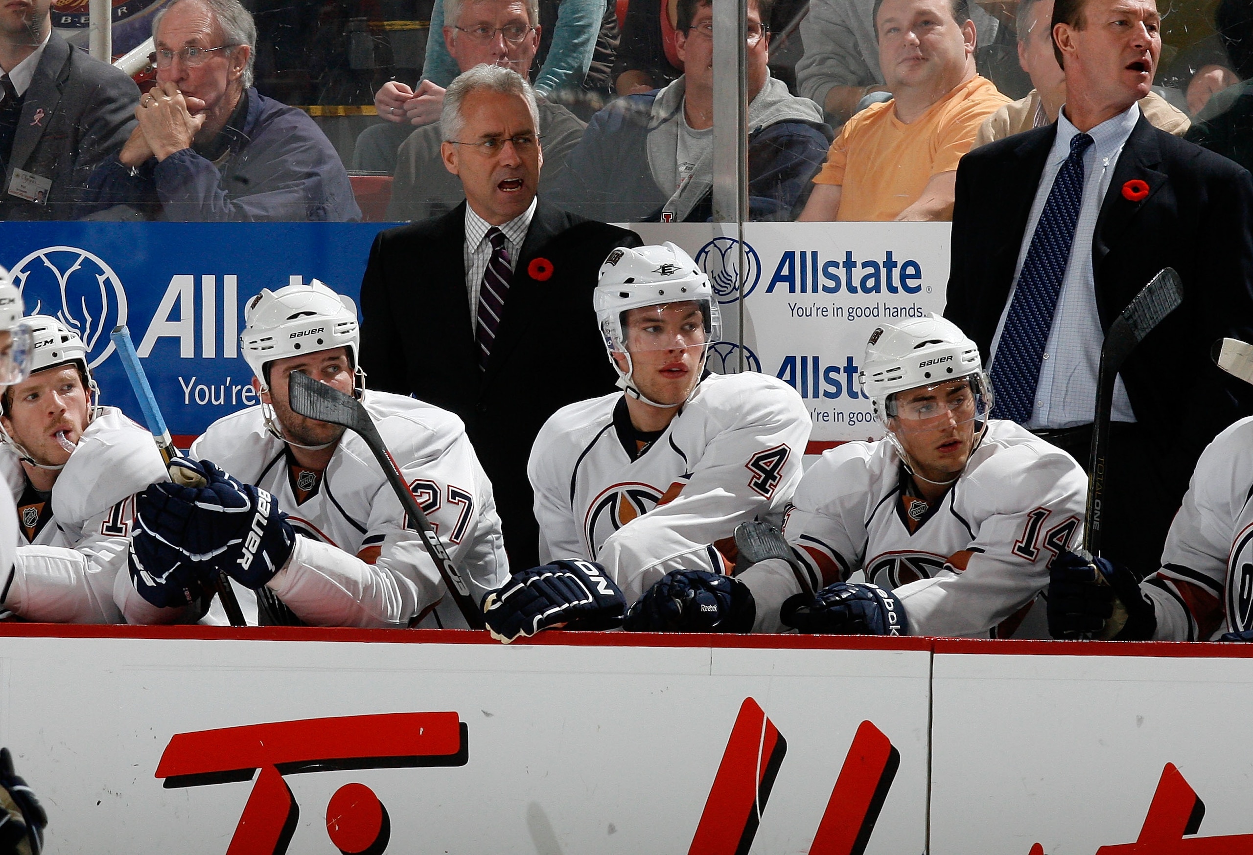 DETROIT - NOVEMBER 11:  Head Coach Tom Renney of the Edmonton Oilers shouts out direction to his team as they face the Detroit Red Wings during their NHL game at Joe Louis Arena on November 11, 2010 in Detroit, Michigan.  (Photo by Dave Sandford/Getty Ima