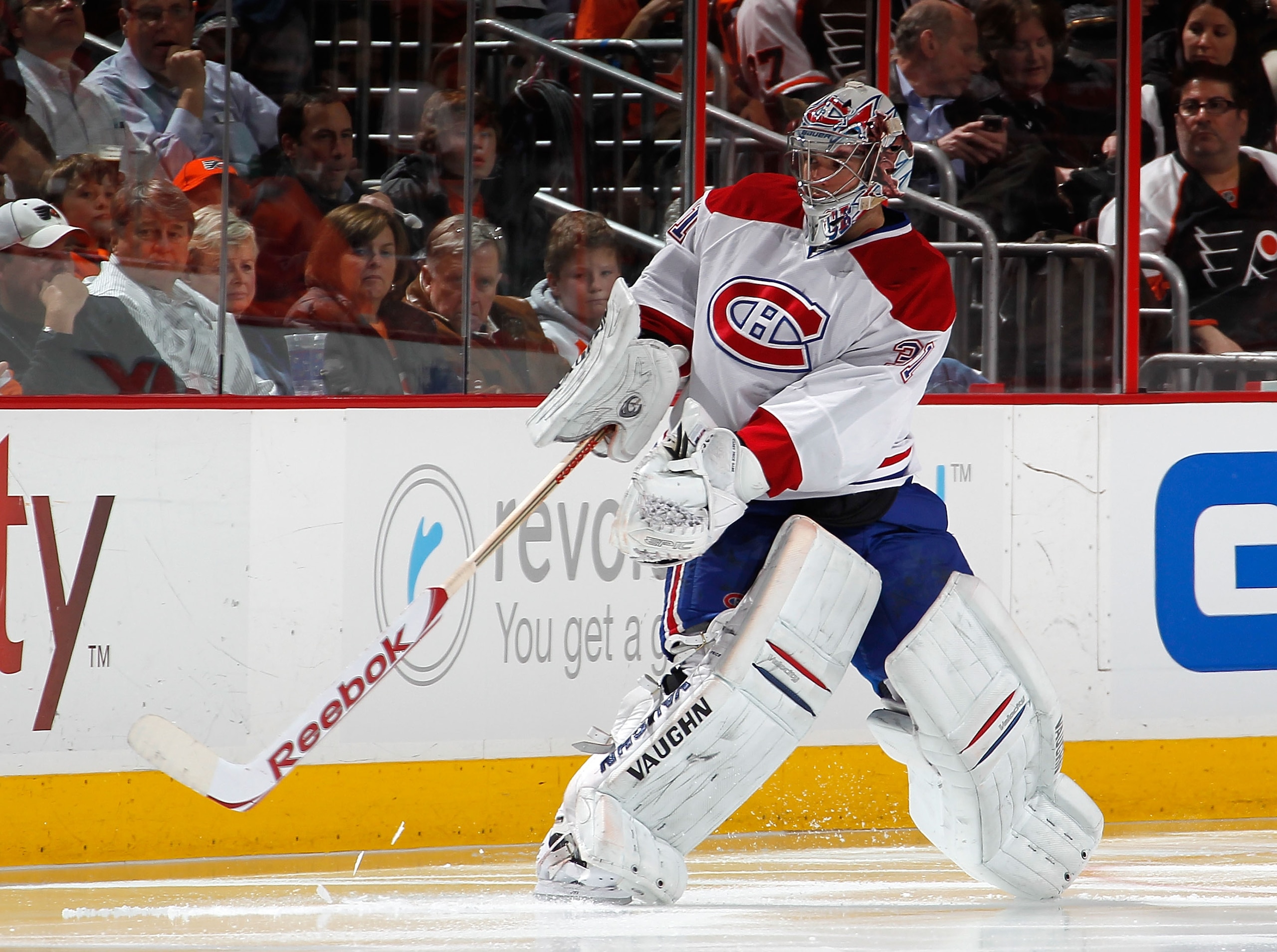 PHILADELPHIA, PA - JANUARY 25:  Goalie Carey Price #31 of the Montreal Canadiens skates out to clear the puck in an NHL hockey game against the Philadelphia Flyers at the Wells Fargo Center on January 25, 2011 in Philadelphia, Pennsylvania.  (Photo by Pau