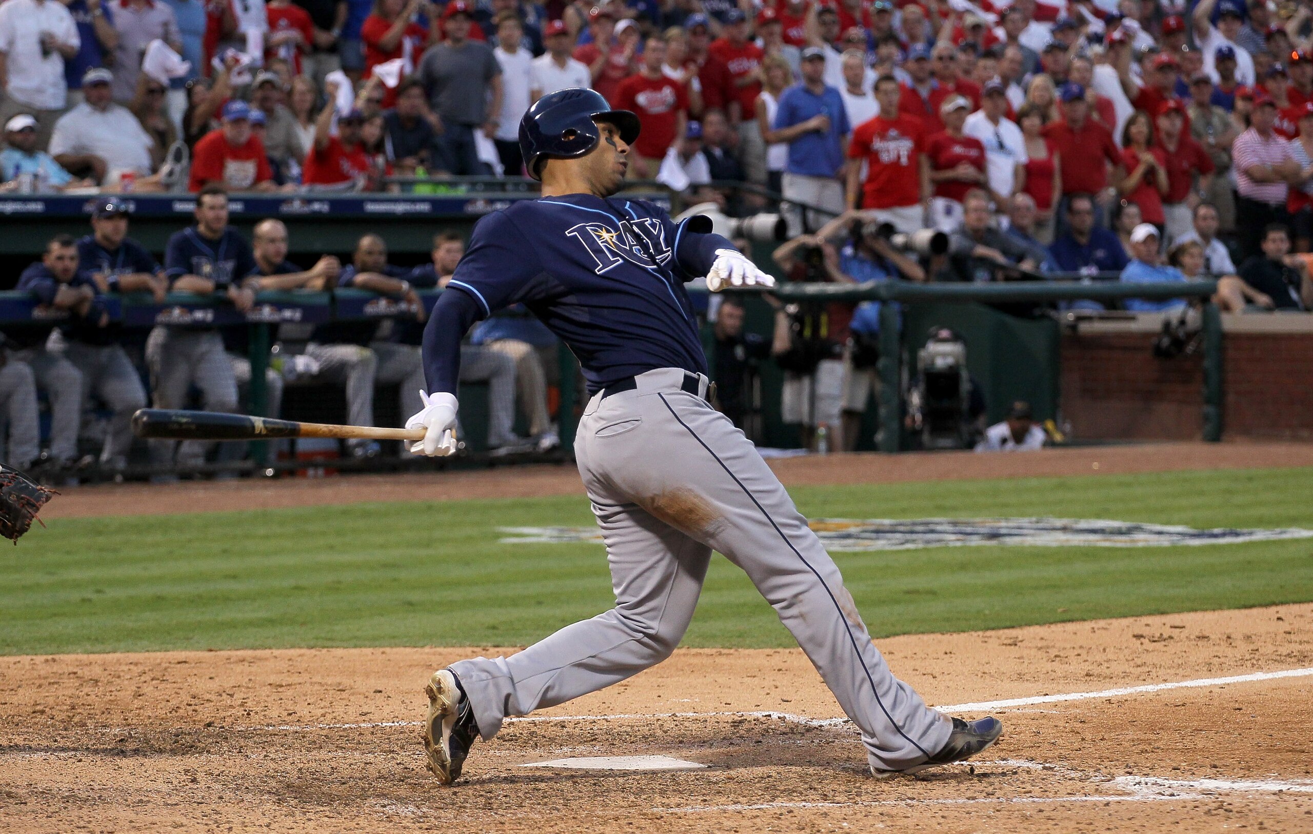 ARLINGTON, TX - OCTOBER 09: Carlos Pena #23 of the Tampa Bay Rays hits an RBI single in the eighth inning against the Texas Rangers during game three of the ALDS at Rangers Ballpark in Arlington on October 9, 2010 in Arlington, Texas. The Rays won 6-3. ARLINGTON, TX - OCTOBER 09: Carlos Pena #23 of the Tampa Bay Rays hits an RBI single in the eighth inning against the Texas Rangers during game three of the ALDS at Rangers Ballpark in Arlington on October 9, 2010 in Arlington, Texas. The Rays won 6-3.