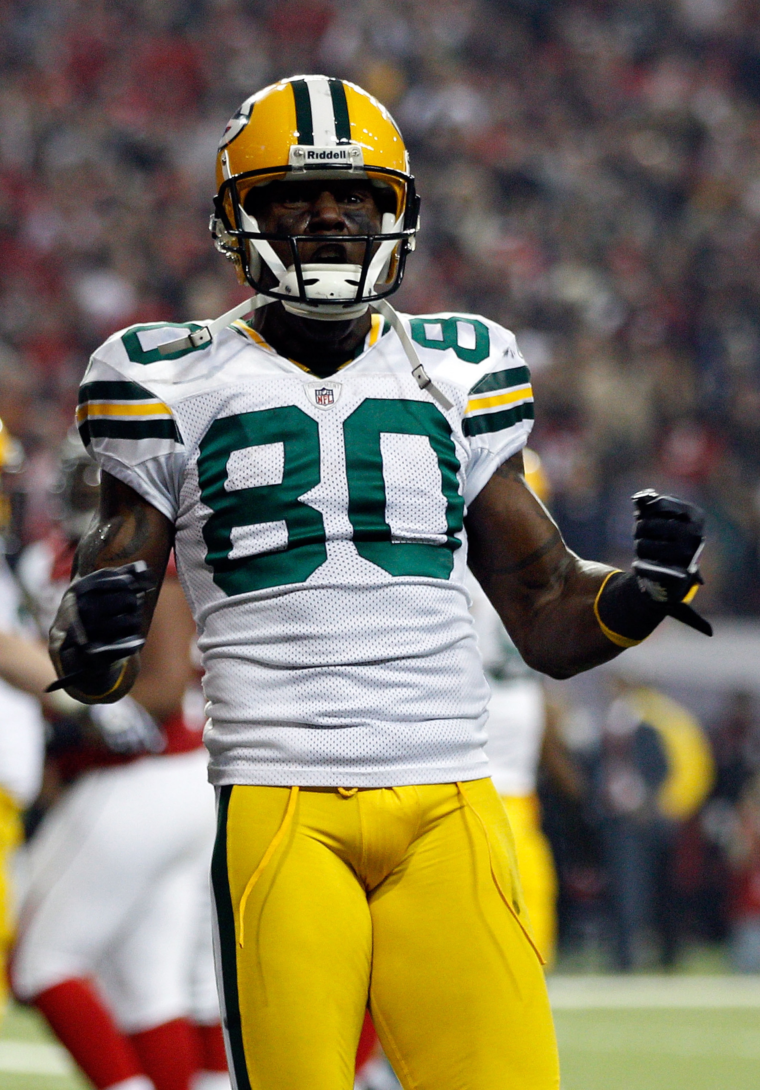 ATLANTA, GA - JANUARY 15:  Donald Driver #80 of the Green Bay Packers reacts after he made a reception against the Atlanta Falcons during their 2011 NFC divisional playoff game at Georgia Dome on January 15, 2011 in Atlanta, Georgia. The Packers won 48-21