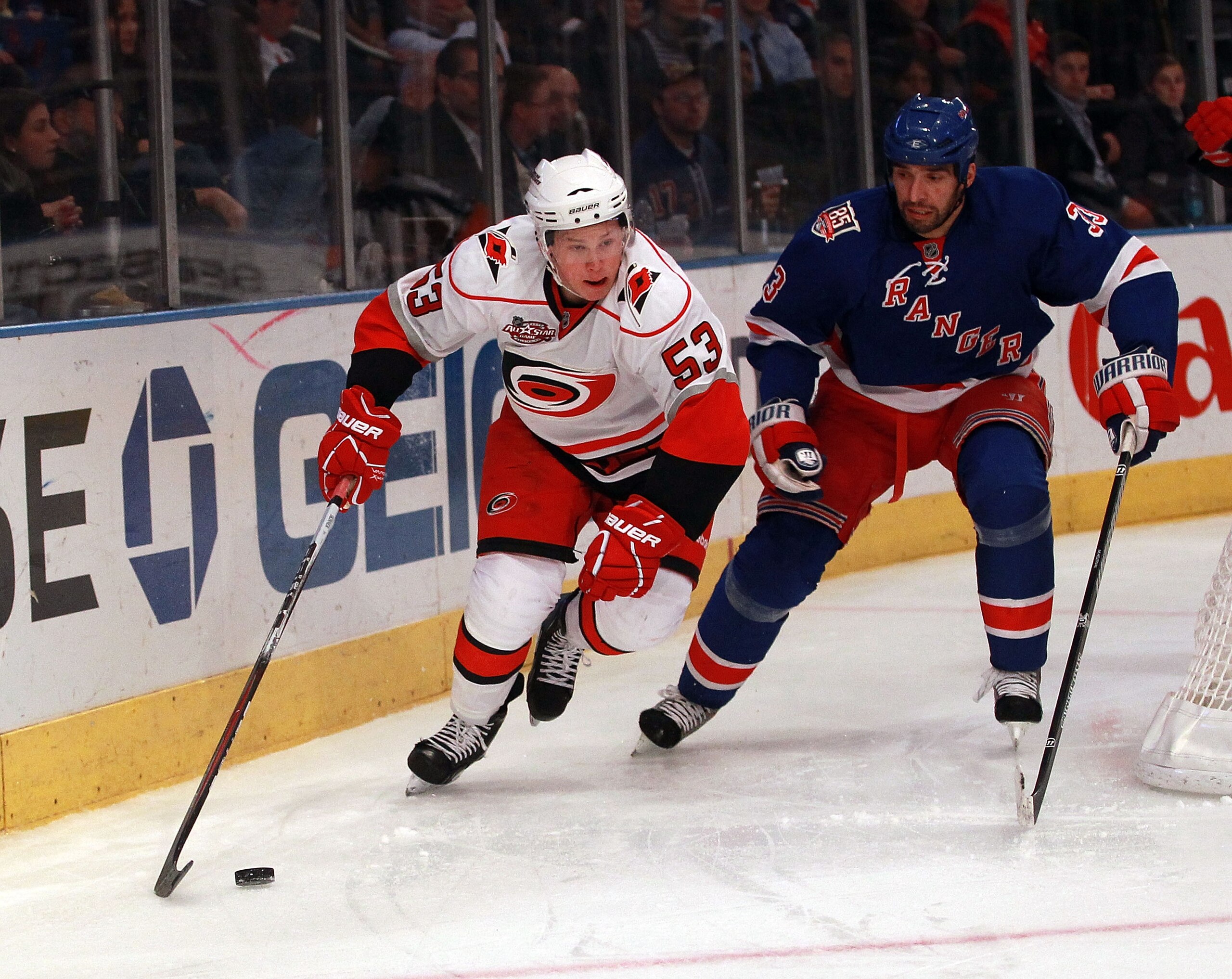 NEW YORK, NY - JANUARY 05:  Jeff Skinner #53 of the Carolina Hurricanes skates against the New York Rangers at Madison Square Garden on January 5, 2011 in New York City. The Rangers defeated the Hurricanes 2-1 in overtime.  (Photo by Bruce Bennett/Getty I