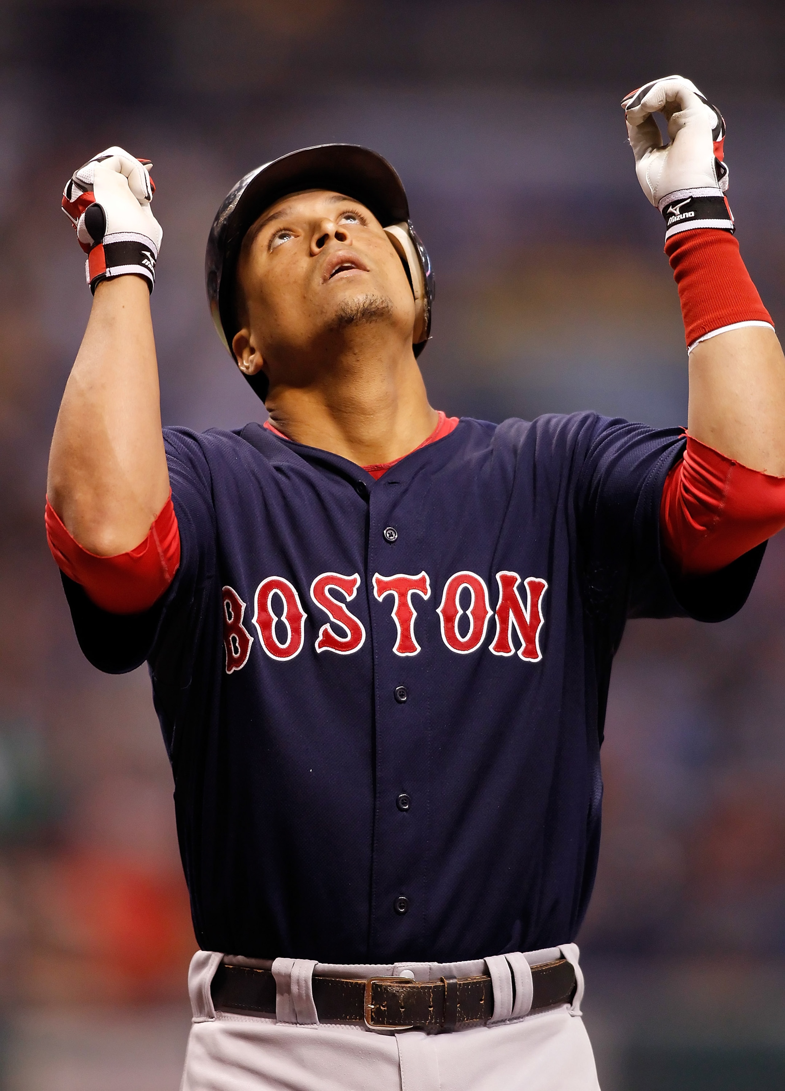 ST PETERSBURG, FL - AUGUST 27: Catcher Victor Martinez #41 of the Boston Red Sox celebrates after his first inning home run against the Tampa Bay Rays during the game at Tropicana Field on August 27, 2010 in St. Petersburg, Florida. (Photo by J. Meric/G ST PETERSBURG, FL - AUGUST 27: Catcher Victor Martinez #41 of the Boston Red Sox celebrates after his first inning home run against the Tampa Bay Rays during the game at Tropicana Field on August 27, 2010 in St. Petersburg, Florida. (Photo by J. Meric/G