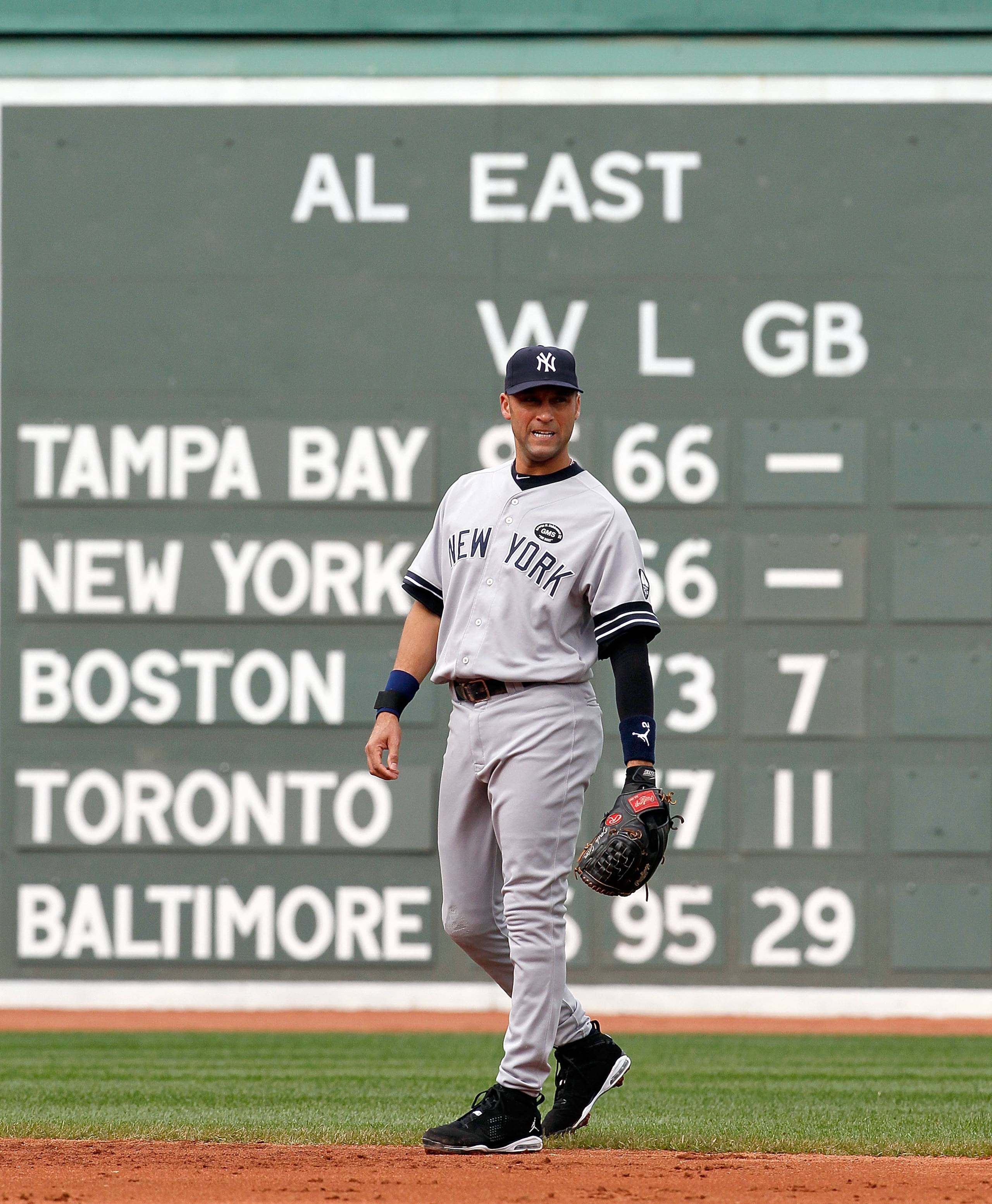 BOSTON - OCTOBER 3: Derek Jeter #2 of the New York Yankees walks into position during a game against the Boston Red Sox at Fenway Park, October 3, 2010, in Boston, Massachusetts. (Photo by Jim Rogash/Getty Images) BOSTON - OCTOBER 3: Derek Jeter #2 of the New York Yankees walks into position during a game against the Boston Red Sox at Fenway Park, October 3, 2010, in Boston, Massachusetts. (Photo by Jim Rogash/Getty Images)