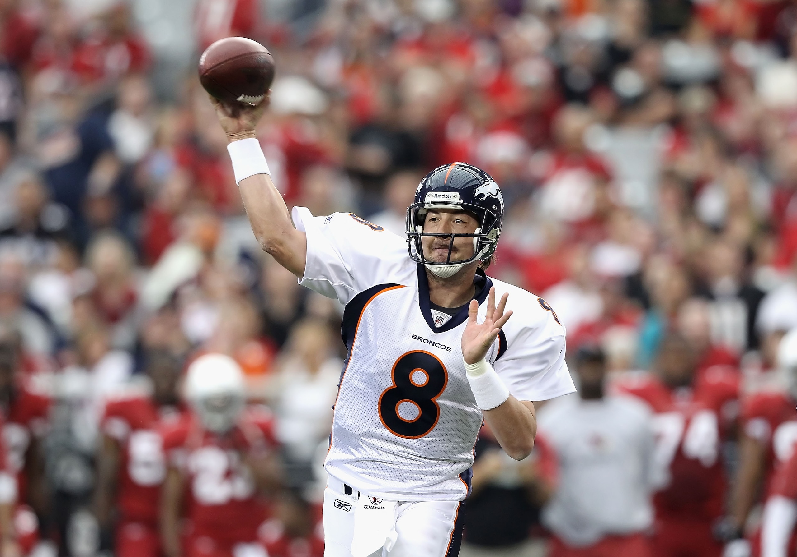 GLENDALE, AZ - DECEMBER 12: Quarterback Kyle Orton #8 of the Denver Broncos throws a pass during the NFL game against the Arizona Cardinals at the University of Phoenix Stadium on December 12, 2010 in Glendale, Arizona. (Photo by Christian Petersen/Gett GLENDALE, AZ - DECEMBER 12: Quarterback Kyle Orton #8 of the Denver Broncos throws a pass during the NFL game against the Arizona Cardinals at the University of Phoenix Stadium on December 12, 2010 in Glendale, Arizona. (Photo by Christian Petersen/Gett