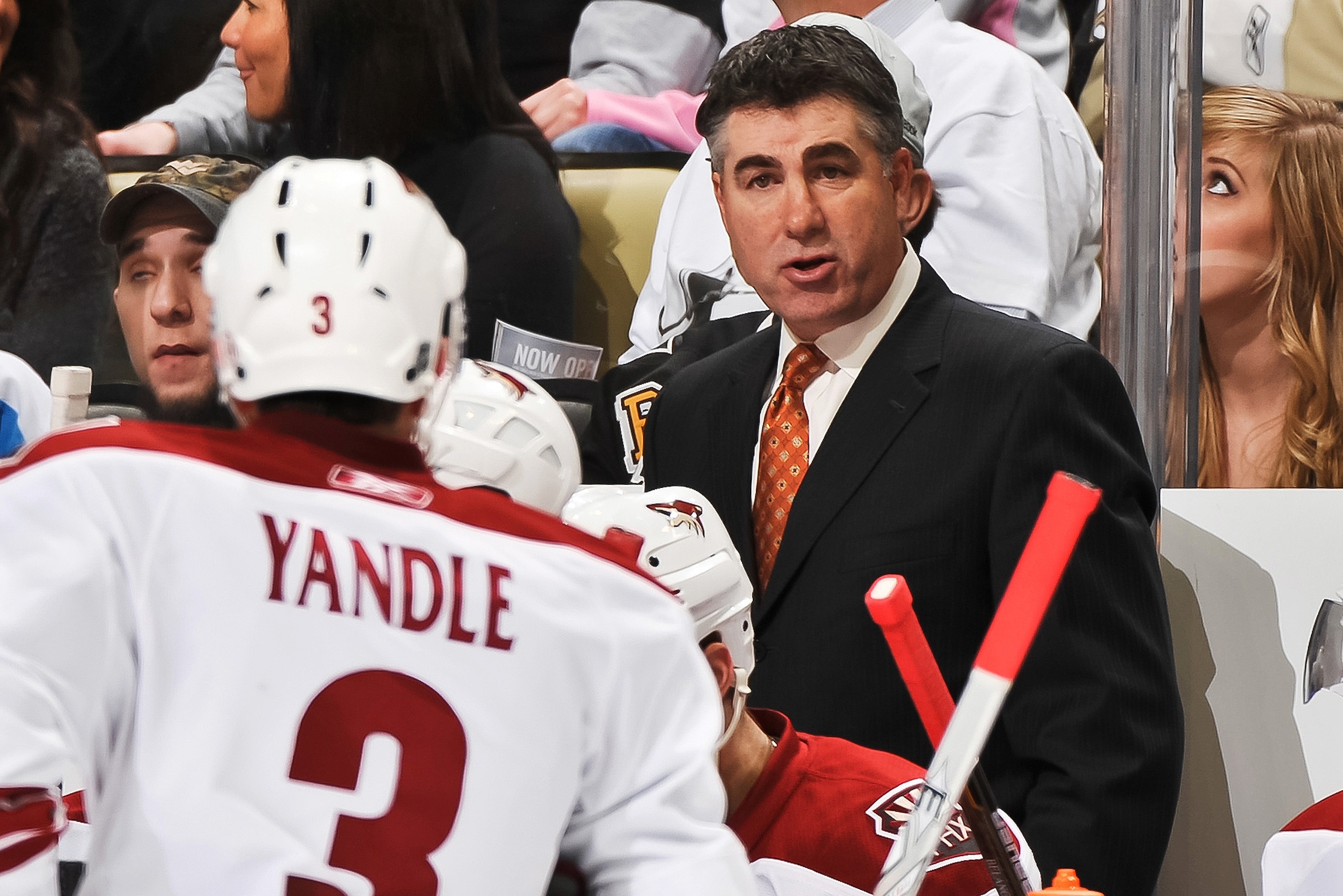PITTSBURGH, PA - DECEMBER 20:  Head Coach Dave Tippett of the Phoenix Coyotes gives instructions during a game against the Pittsburgh Penguins on December 20, 2010 at CONSOL Energy Center in Pittsburgh, Pennsylvania.  (Photo by Jamie Sabau/Getty Images)