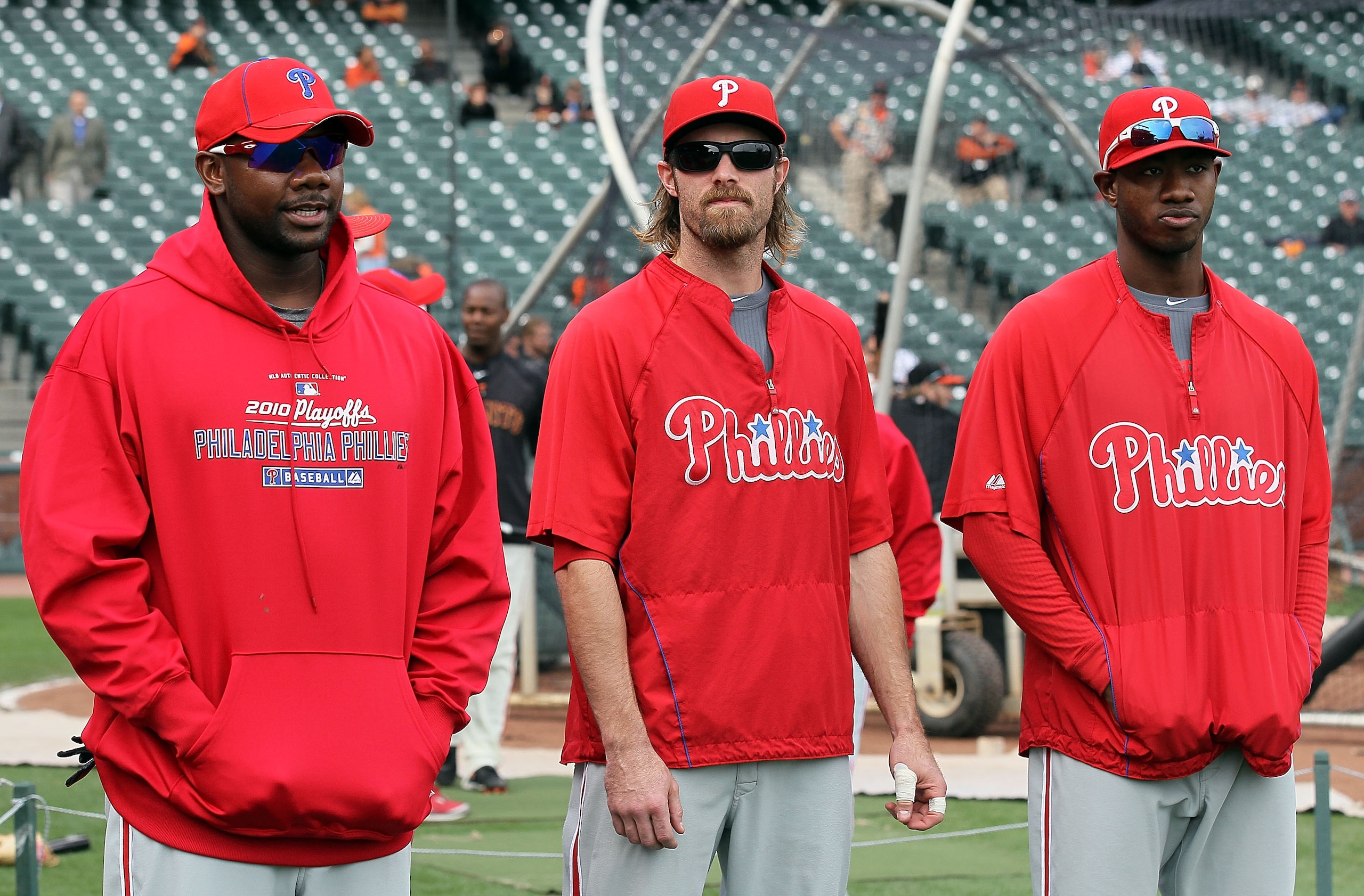 SAN FRANCISCO - OCTOBER 21:  Ryan Howard #6, Jayson Werth #28, and Domonic Brown #9 of the Philadelphia Phillies stand on the field prior to playing the San Francisco Giants in Game Five of the NLCS during the 2010 MLB Playoffs at AT&T Park on October 21,