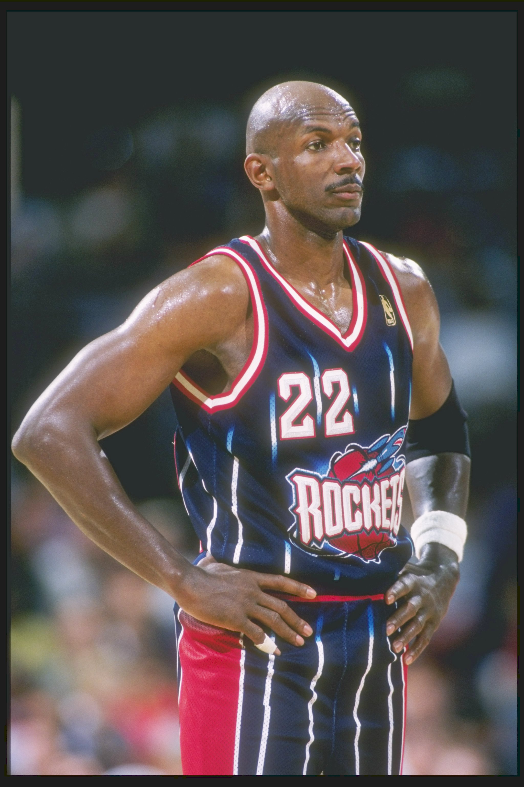 8 Apr 1997:  Guard Clyde Drexler of the Houston Rockets looks on during a game against the Los Angeles Clippers at the Los Angeles Sports Arena in Los Angeles, California.  The Clippers won the game 127-117. Mandatory Credit: Jed Jacobsohn  /Allsport