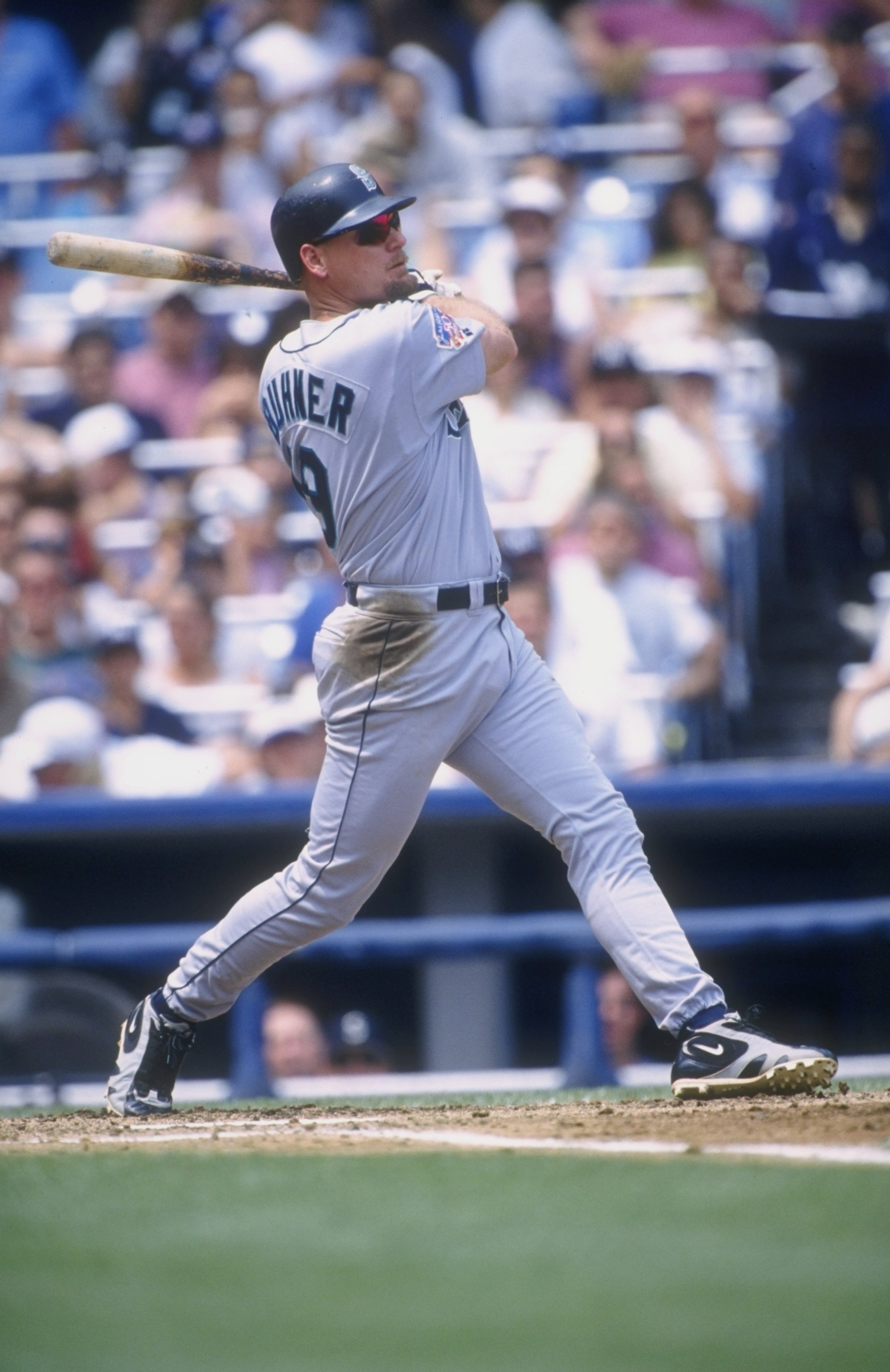 27 Jul 1997:  Outfielder Jay Buhner of the Seattle Mariners in action during a game against the New York Yankees at Yankee Stadium in New York City, New York.  The Mariners defeated the Yankees 3-2. Mandatory Credit: Tomasso Derosa  /Allsport