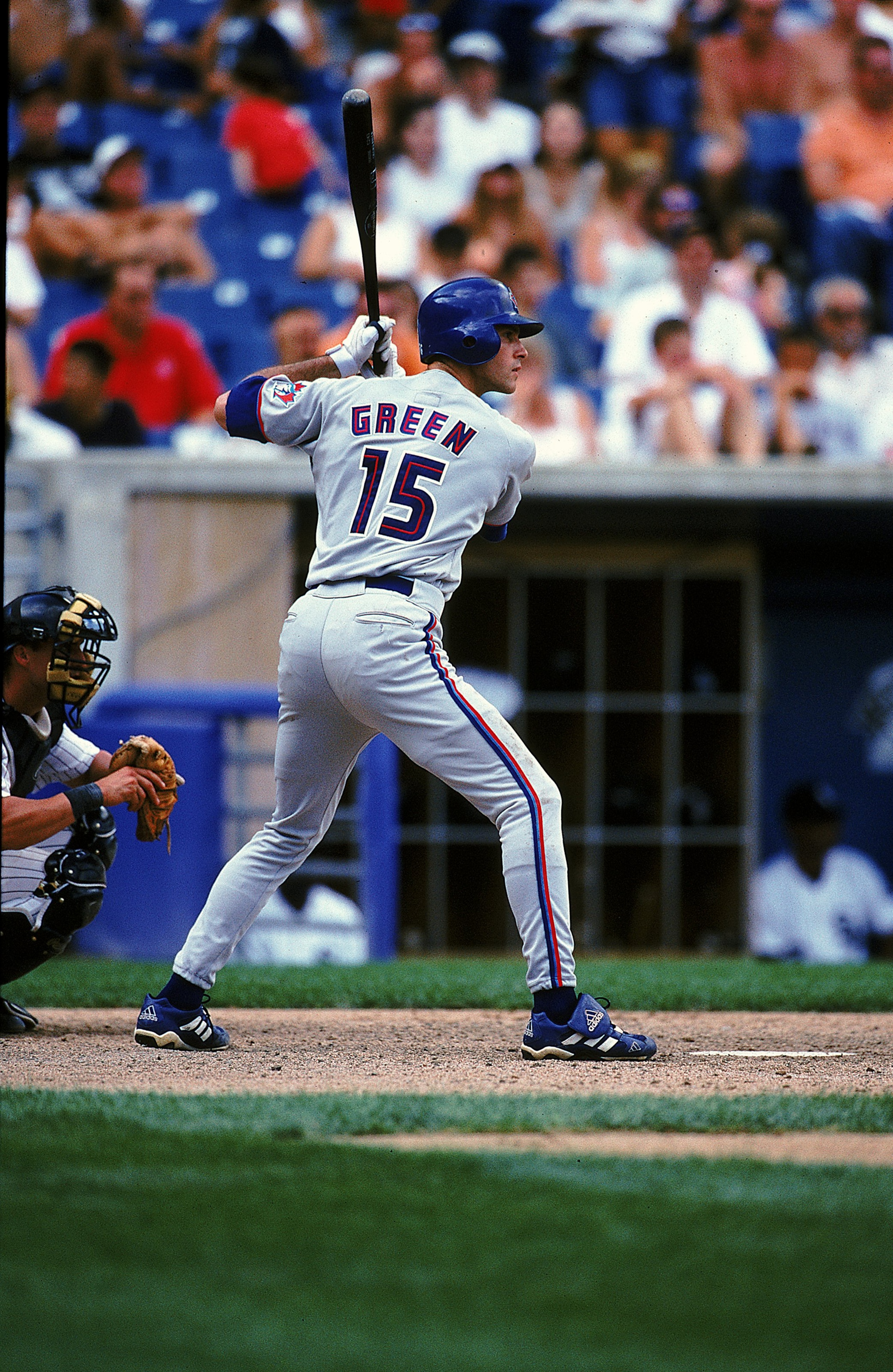 23 Jul 1999: Shawn Green #15 of the Toronto Blue Jays stands at bat during the game against the Chicago White Sox at Comisky Park in Chicago, Illinois. The Blue Jays defeated the White Sox 2-1Mandatory Credit: Jonathan Daniel  /Allsport