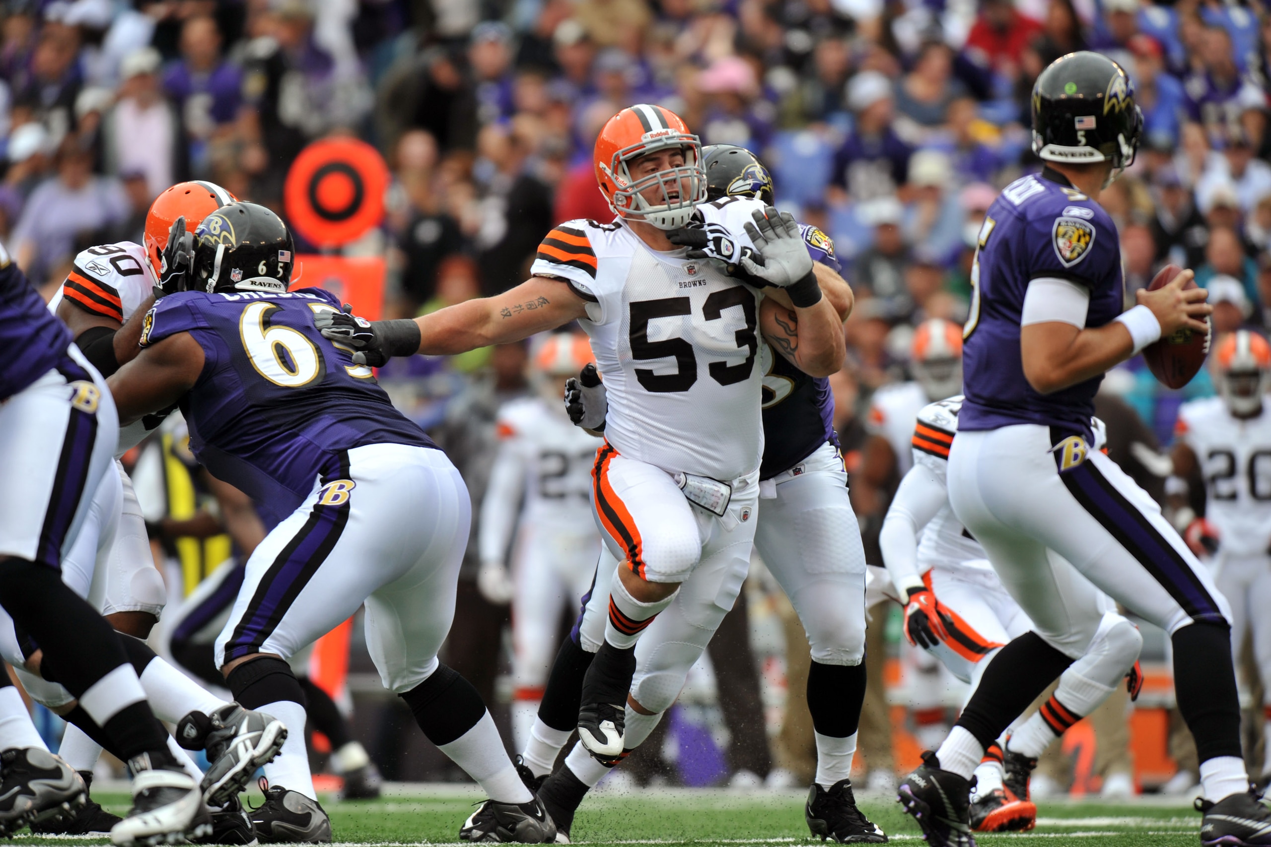 BALTIMORE - SEPTEMBER 26:  Matt Roth #53 of the Cleveland Browns defends against the Baltimore Ravens  at M&T Bank Stadium on September 26, 2010 in Baltimore, Maryland. The Ravens defeated the Browns 24-17. (Photo by Larry French/Getty Images)