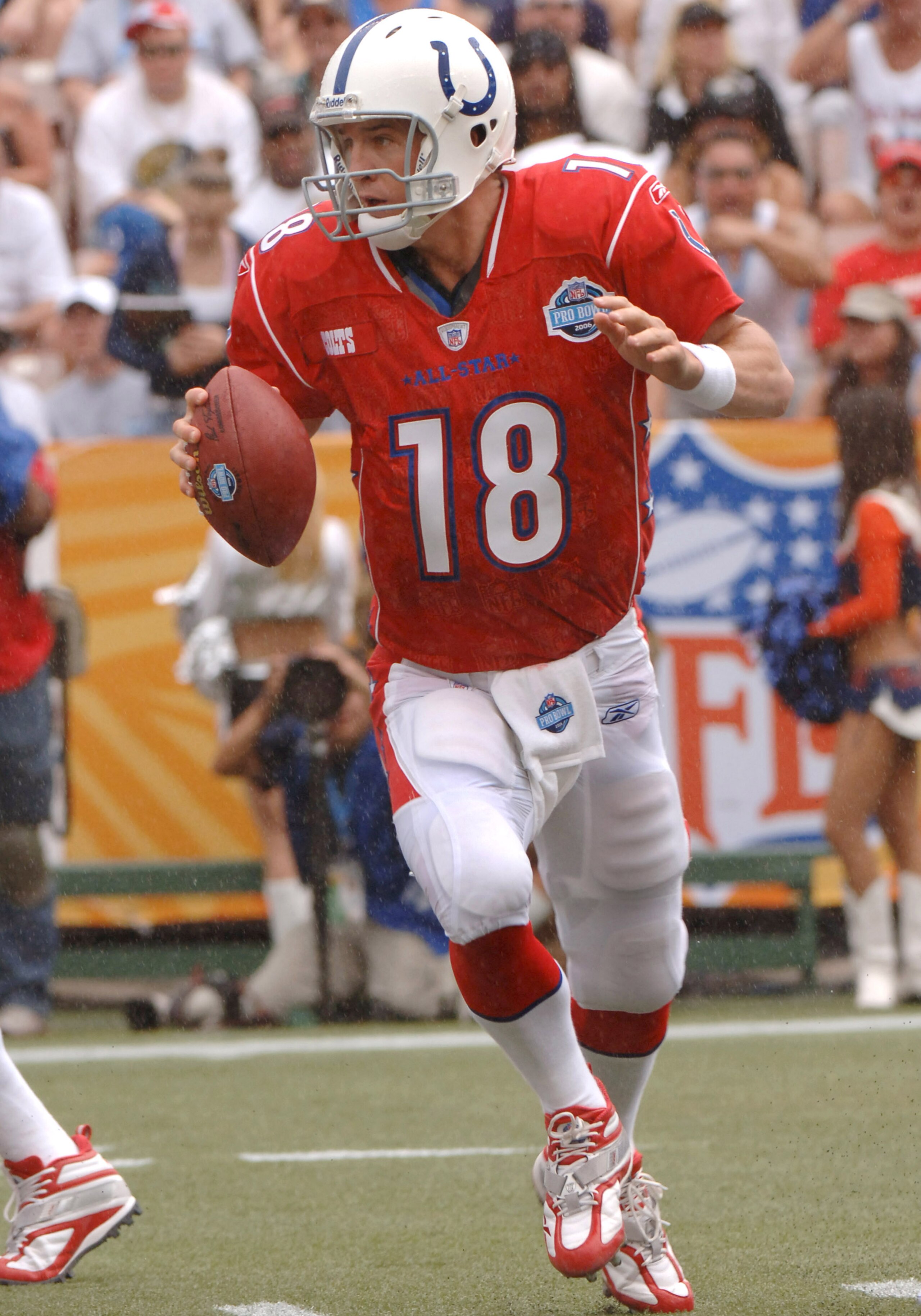 Indianapolis Colts Peyton Manning looks for a pass upfield   February 12, 2006 at the Pro Bowl  at Aloha Stadium in Honolulu, Hawaii. (Photo by Al Messerschmidt/Getty Images)
