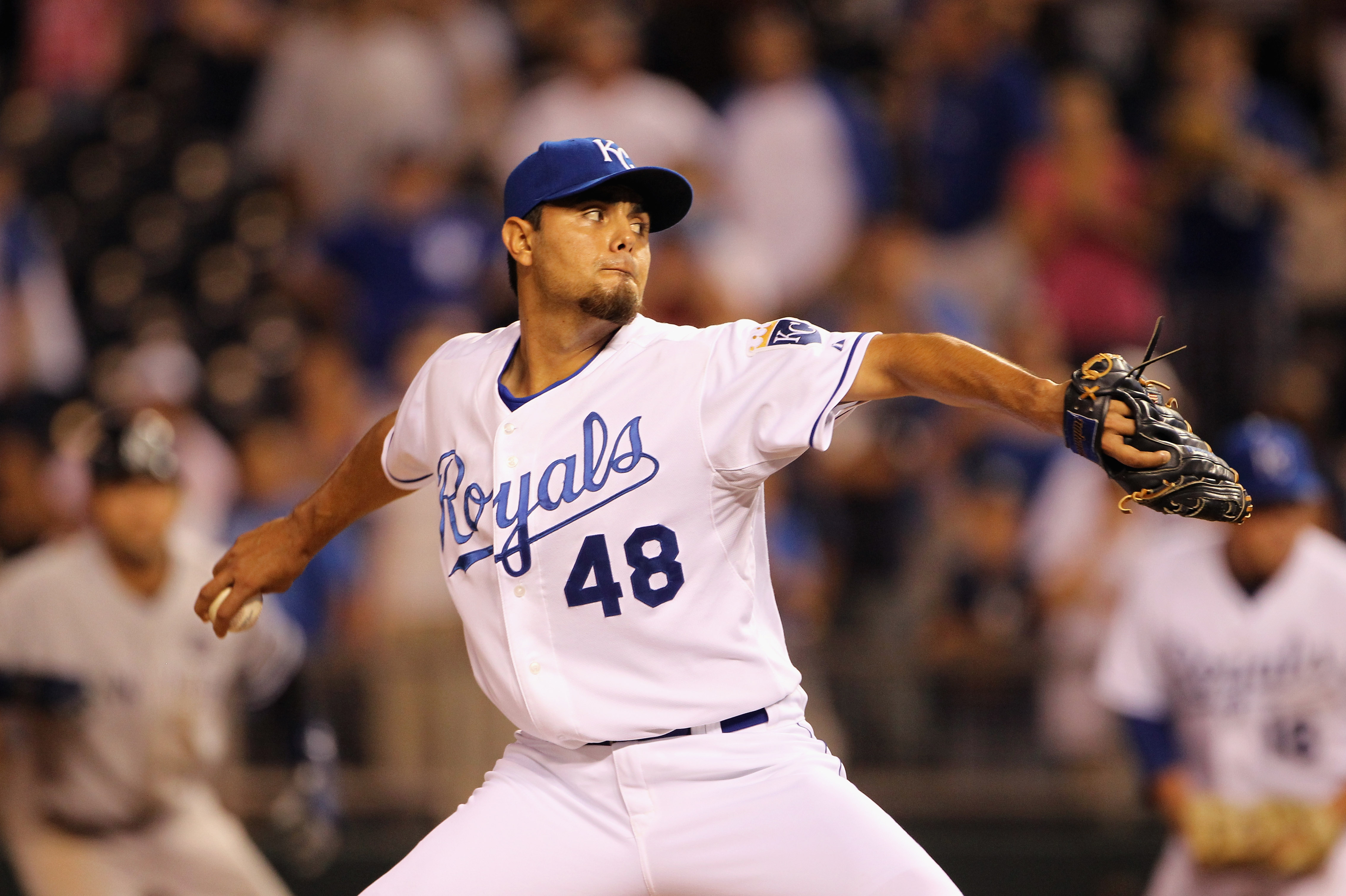 KANSAS CITY, MO - AUGUST 13:  Pitcher Joakim Soria #48 of the Kansas City Royals pitches during the game against the New York Yankees on August 13, 2010 at Kauffman Stadium in Kansas City, Missouri.  (Photo by Jamie Squire/Getty Images)