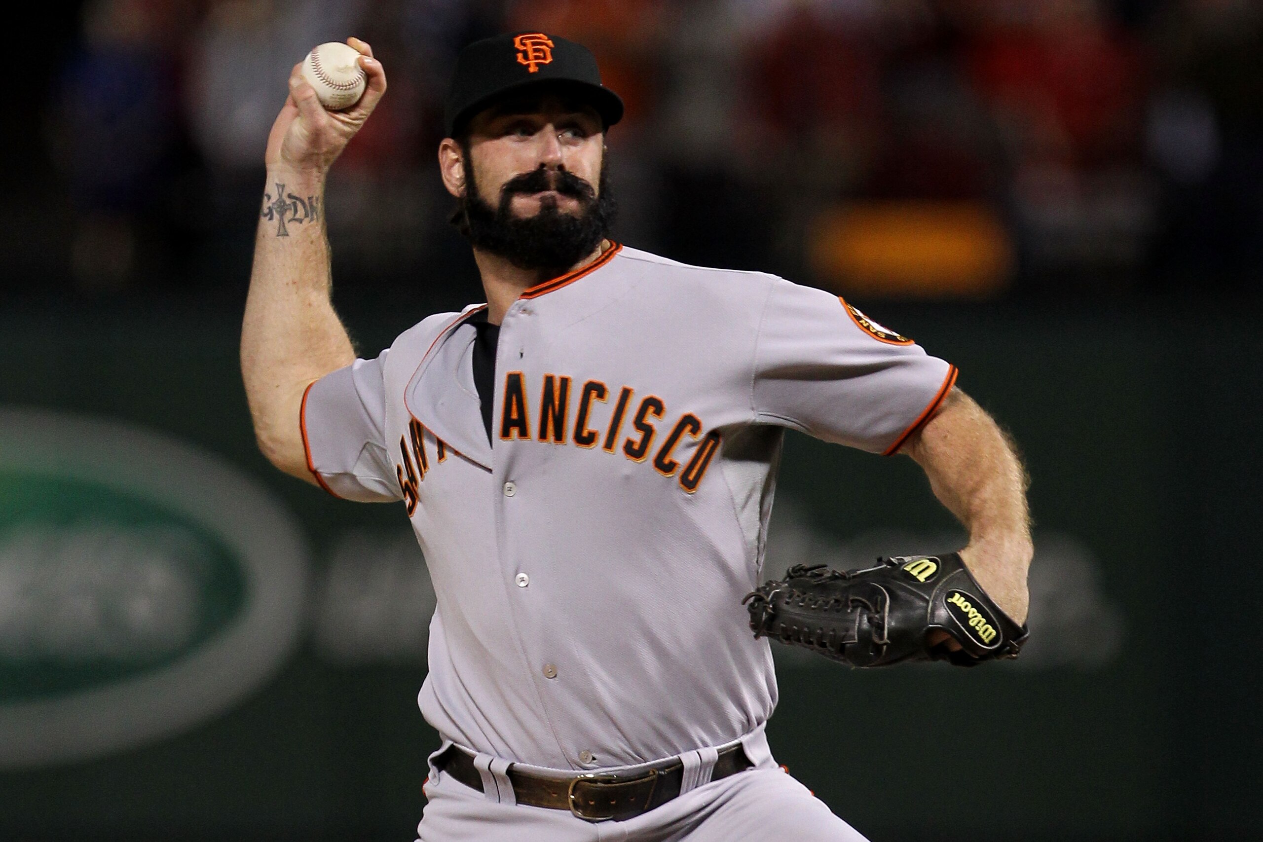 ARLINGTON, TX - NOVEMBER 01:  Brian Wilson #38 of the San Francisco Giants pitchers against the Texas Rangers in Game Five of the 2010 MLB World Series at Rangers Ballpark in Arlington on November 1, 2010 in Arlington, Texas.  (Photo by Doug Pensinger/Get