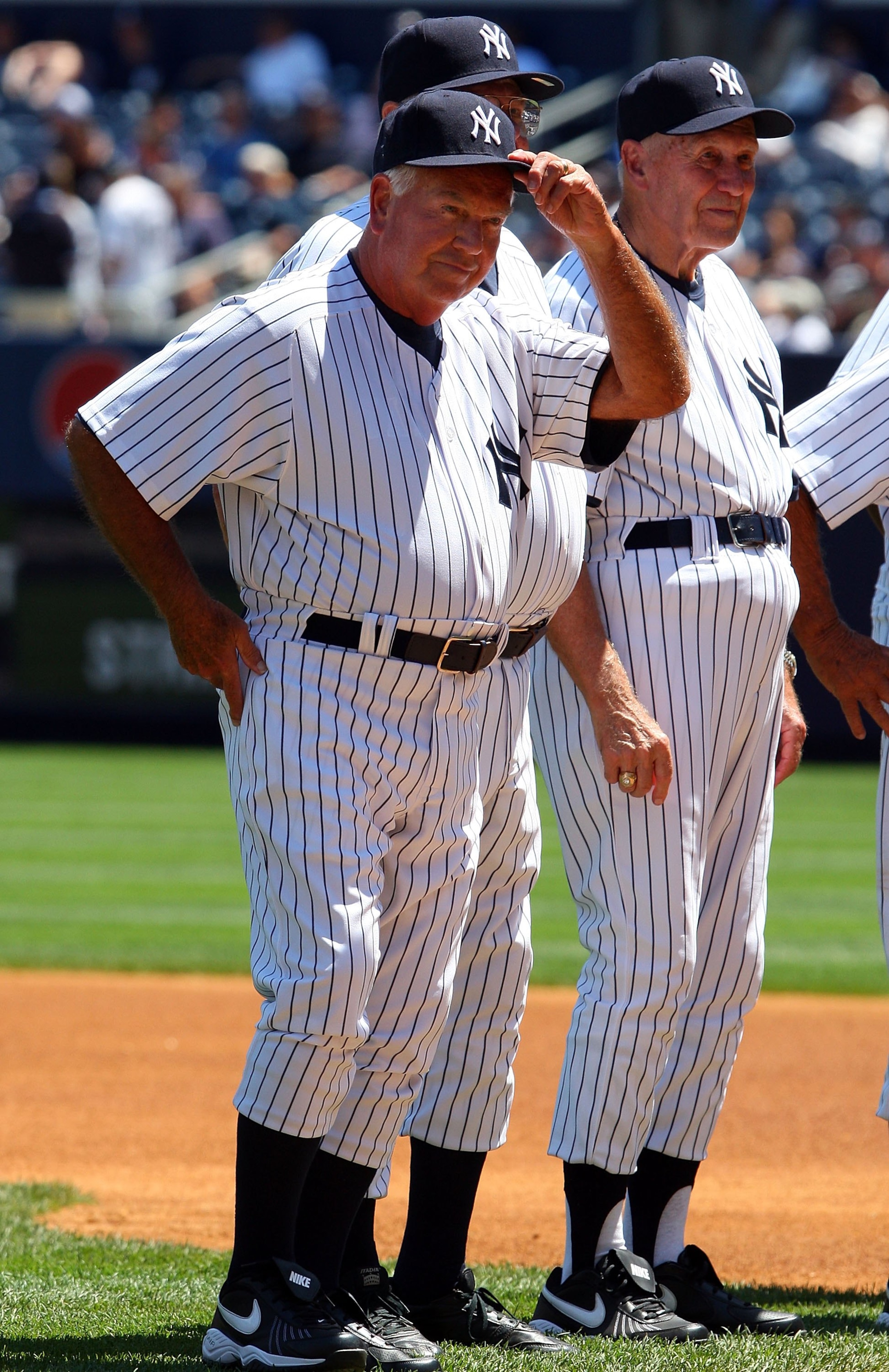 NEW YORK - JULY 19:  Former New York Yankees Bobby Richardson tips his cap to the crowd during the teams 63rd Old Timers Day before the game against the Detroit Tigers on July 19, 2009 at Yankee Stadium in the Bronx borough of New York City.  (Photo by Ji