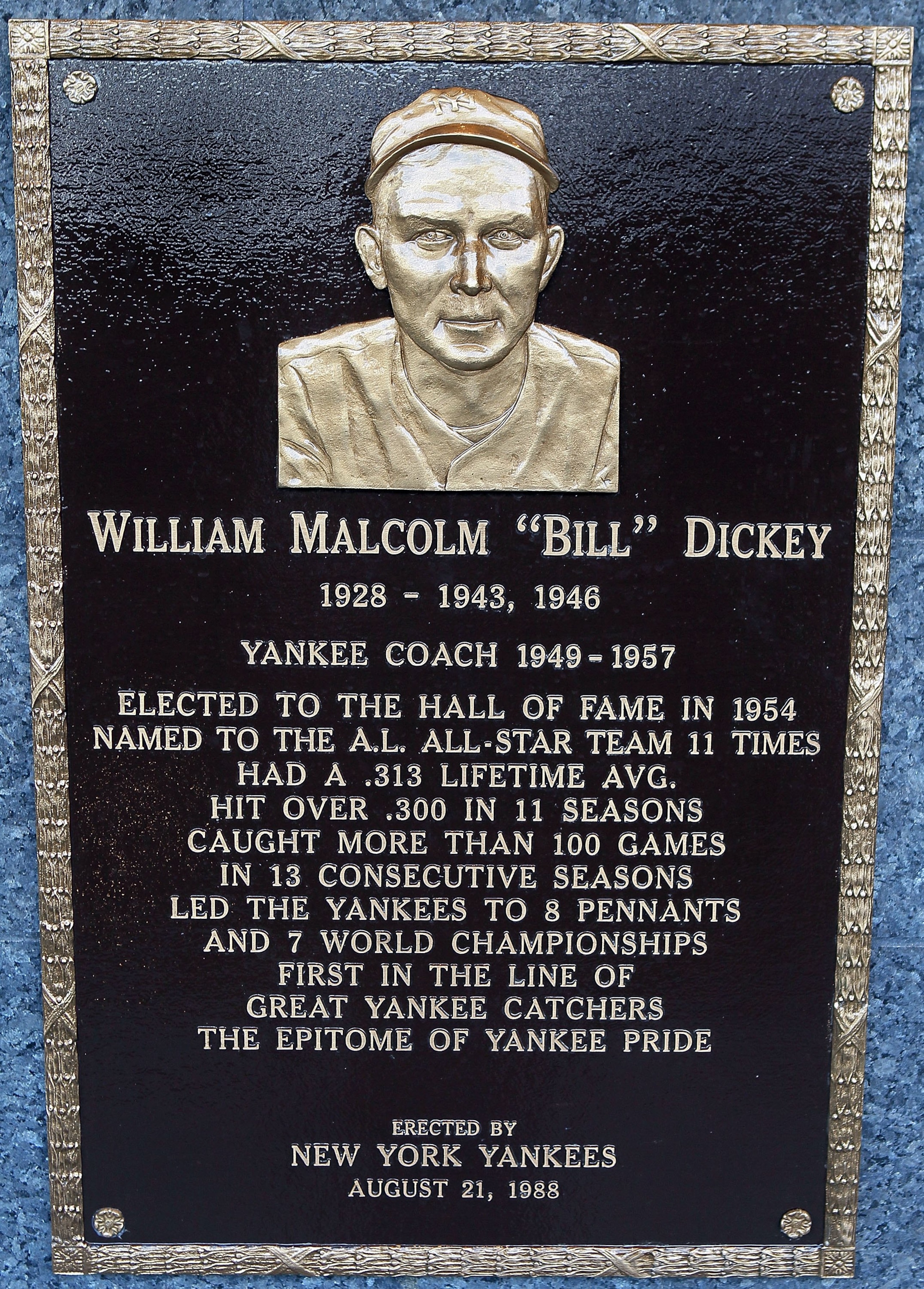 NEW YORK - MAY 02:  The plaque of Bill Dickey is seen in Monument Park at Yankee Stadium prior to the game between the New York Yankees and the Chicago White Sox on May 2, 2010 in the Bronx borough of New York City. The Yankees defeated the White Sox 12-3