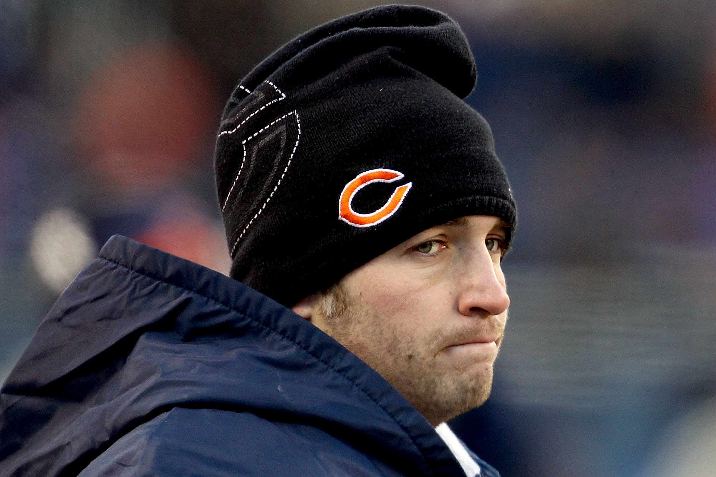 CHICAGO, IL - JANUARY 23: Quarterback Jay Cutler #6 of the Chicago Bears on the sideline in the third quarter after leaving the game with an injury against the Green Bay Packers in the NFC Championship Game at Soldier Field on January 23, 2011 in Chicago