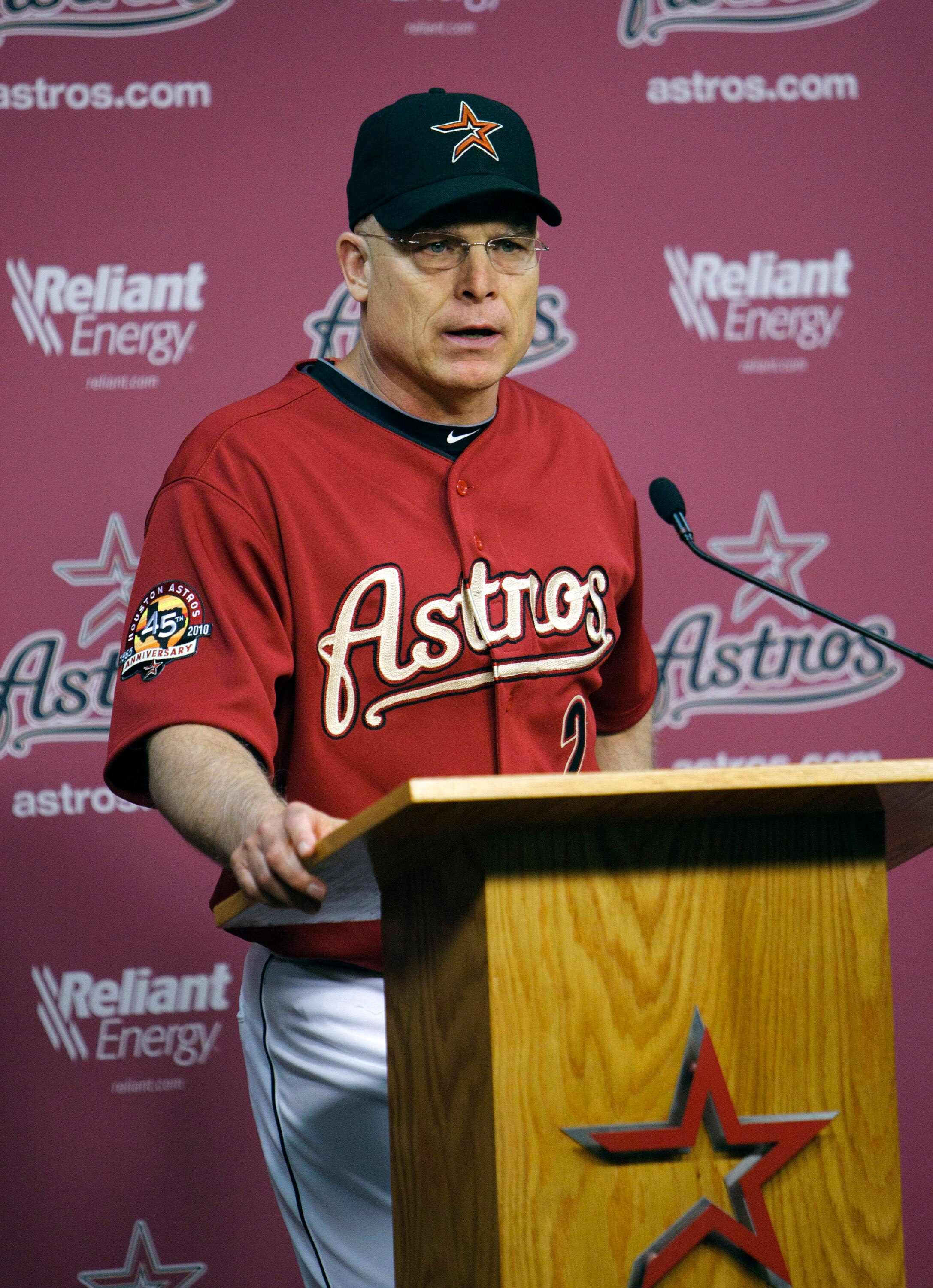 HOUSTON - JULY 11:  Manager Brad Mills of the Houston Astros addresses the media after the St. Louis Cardinals deated the Houston Astros 4-2 at Minute Maid Park on July 11, 2010 in Houston, Texas.  (Photo by Bob Levey/Getty Images)