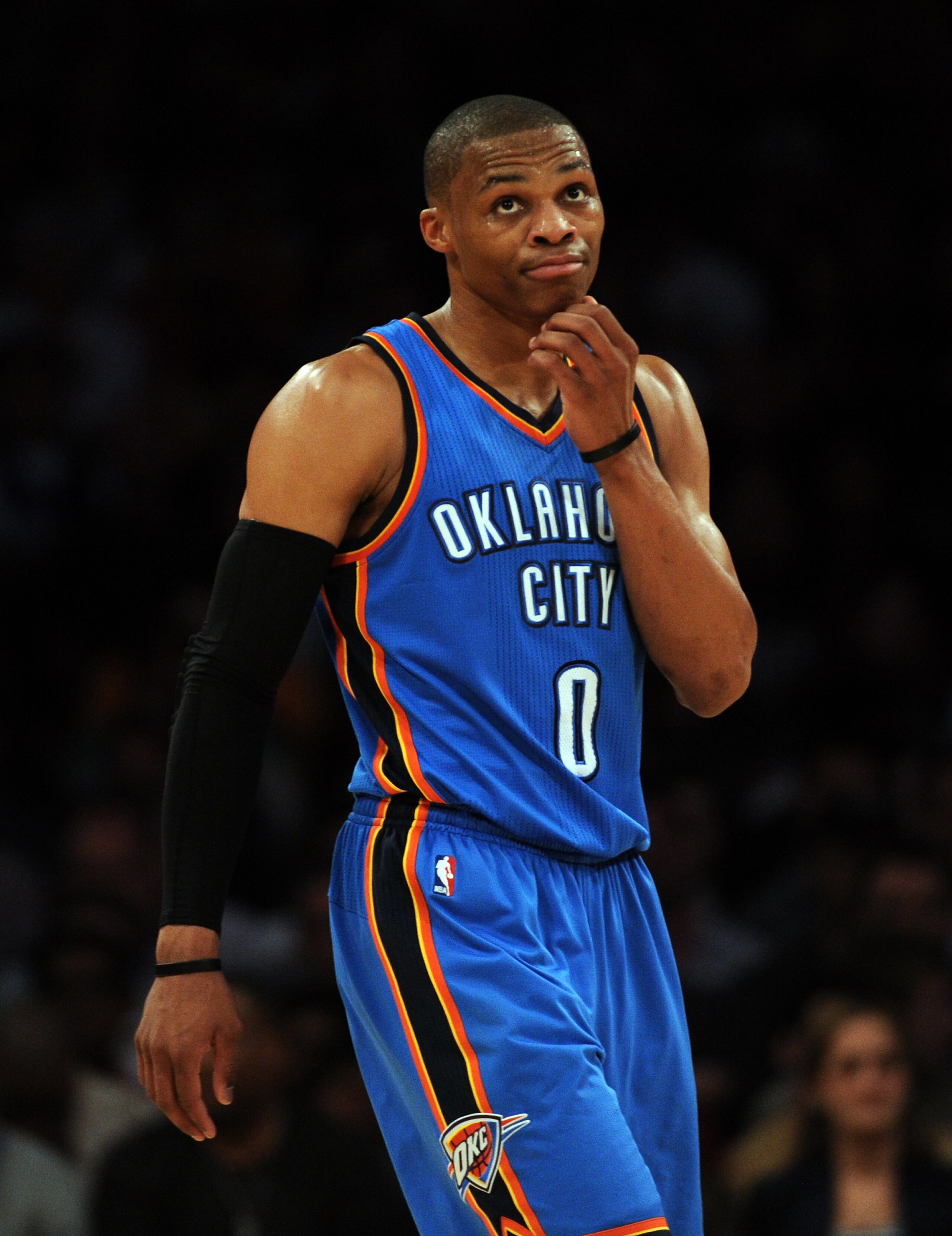 LOS ANGELES, CA - JANUARY 17:  Russell Westbrook #0 of the Oklahoma City Thunder reacts after a foul during the game against the Los Angeles Lakers at the Staples Center on January 17, 2011 in Los Angeles, California.   NOTE TO USER: User expressly acknow