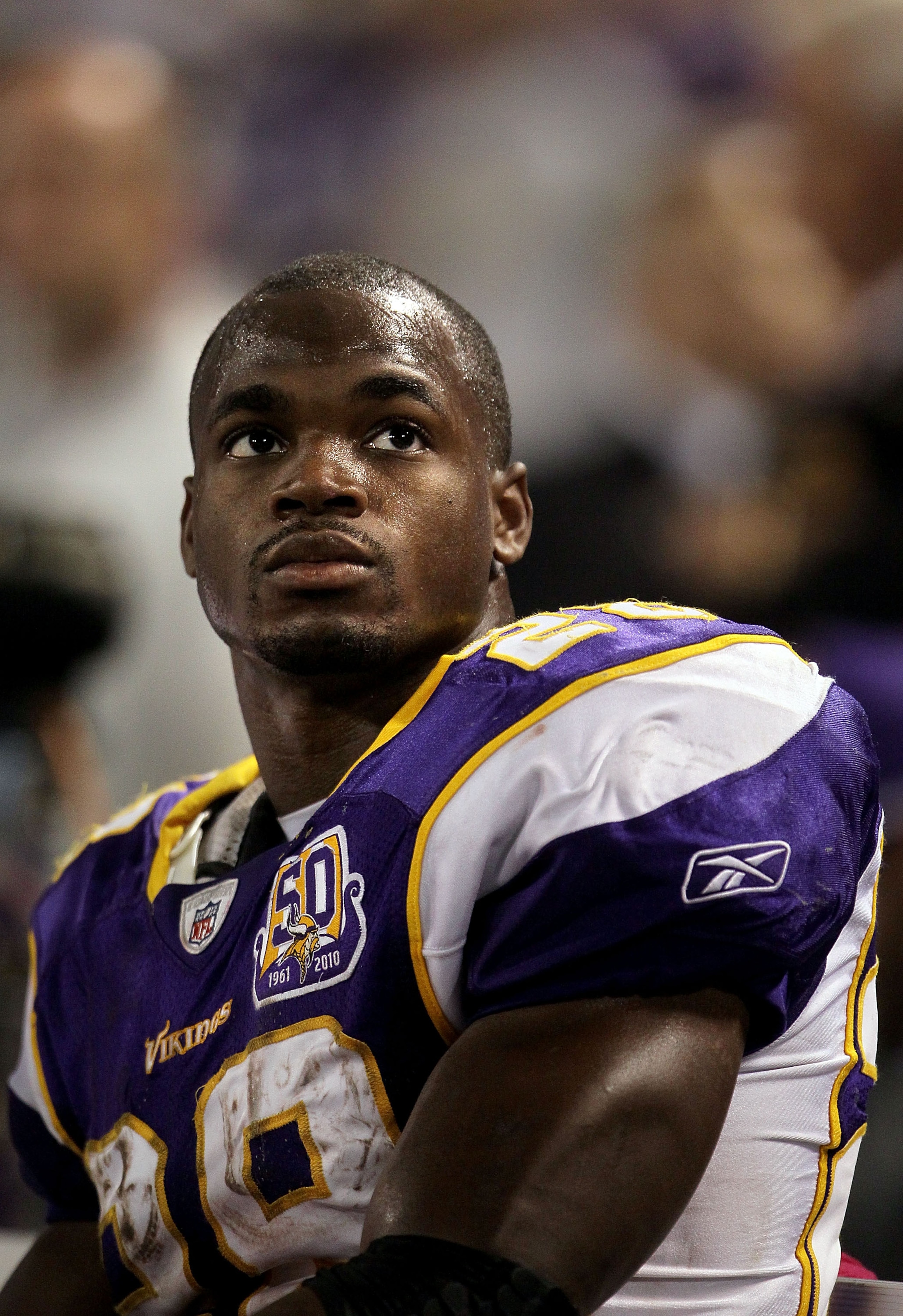 MINNEAPOLIS - OCTOBER 17: Running back Adrian Peterson #28 of the Minnesota Vikings looks on during the game against the Dallas Cowboys at Mall of America Field on October 17, 2010 in Minneapolis, Minnesota. The Vikings defeated the Cowboys 24-21. (Pho MINNEAPOLIS - OCTOBER 17: Running back Adrian Peterson #28 of the Minnesota Vikings looks on during the game against the Dallas Cowboys at Mall of America Field on October 17, 2010 in Minneapolis, Minnesota. The Vikings defeated the Cowboys 24-21. (Pho
