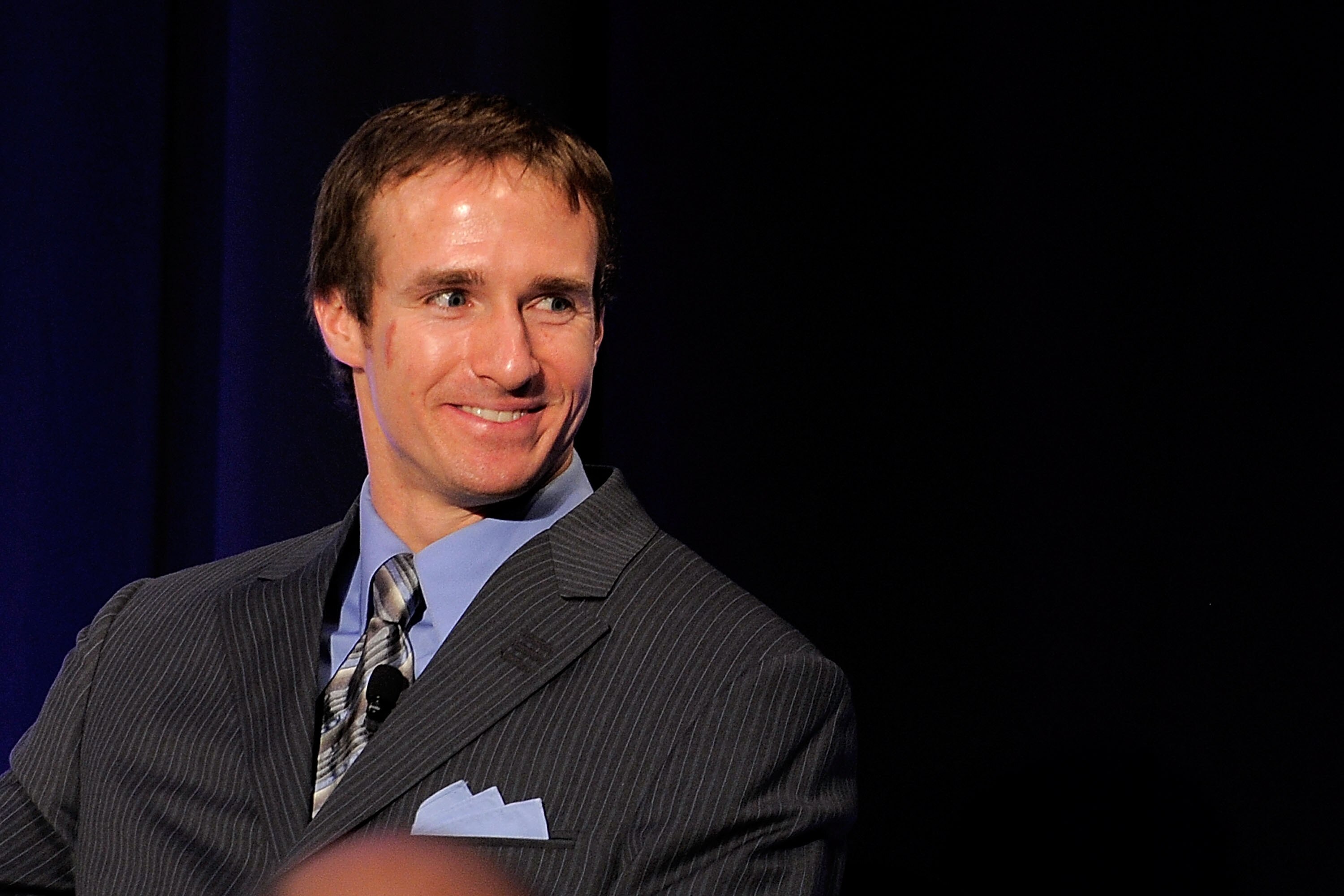 NEW YORK, NY - NOVEMBER 30:  Sportsman of the Year Drew Brees of the New Orleans Saints speaks during the 2010 Sports Illustrated Sportsman of the Year Celebration  at IAC Building on November 30, 2010 in New York City.  (Photo by Jemal Countess/Getty Ima