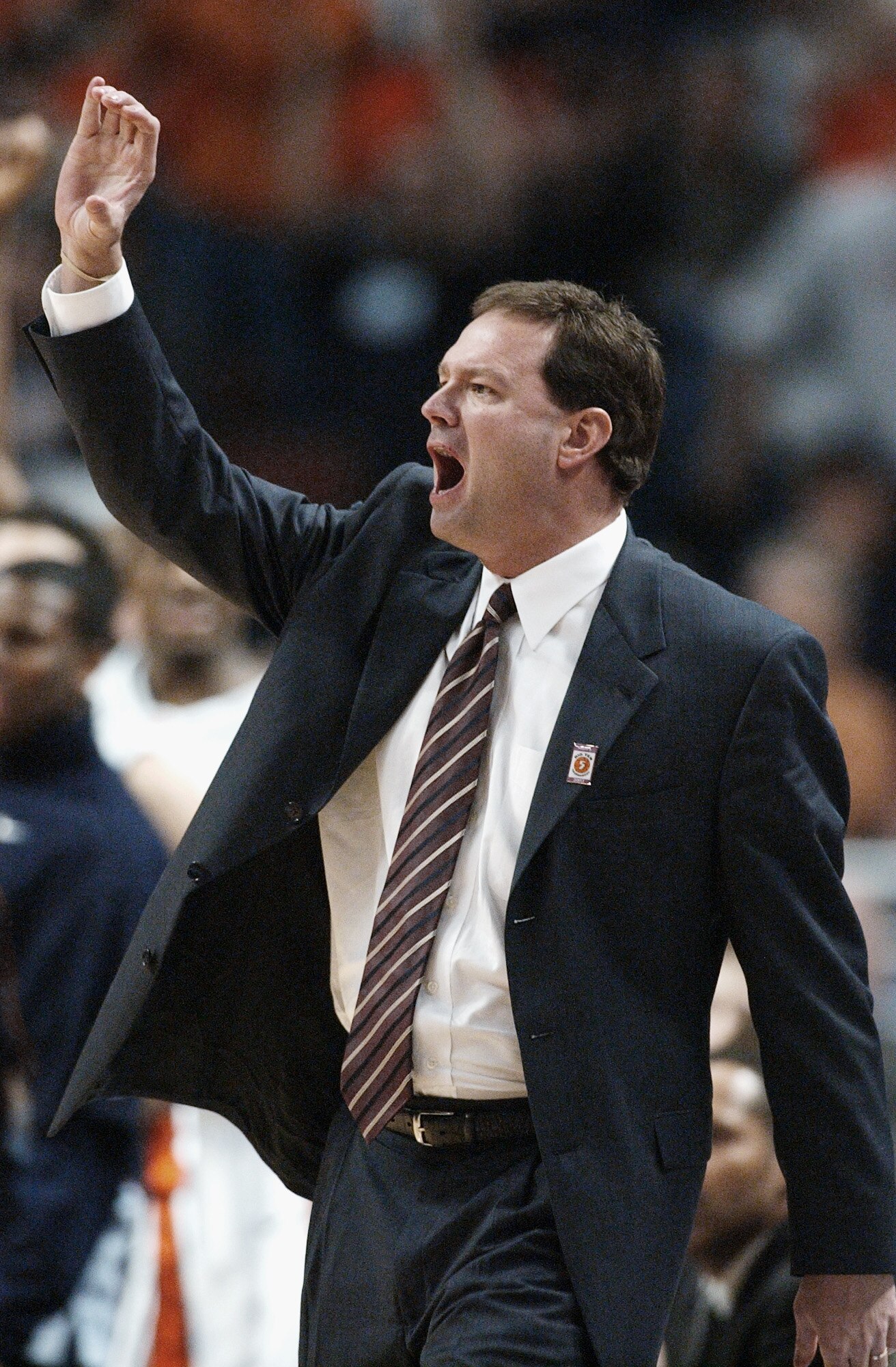 CHICAGO - MARCH 16:  Head coach Bill Self of the University Illinois at Urbana-Champaign Fighting Illini yells during the Big Ten Men's Basketball Tournament Championship against the Ohio State University Buckeyes at the United Center on March 16, 2003 in