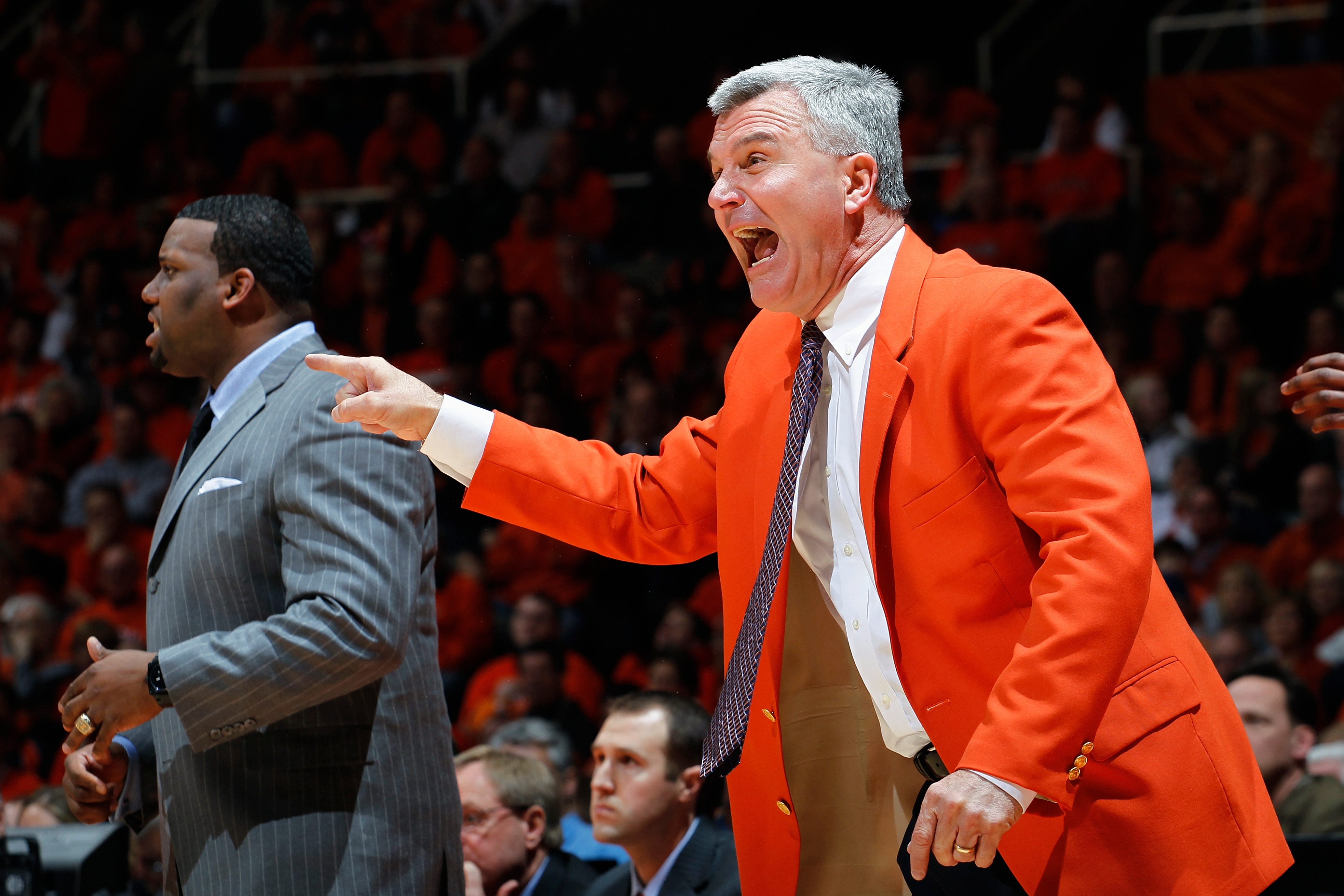 CHAMPAIGN, IL - JANUARY 22: Illinois Fighting Illini head coach Bruce Weber yells to his team during the game against the Ohio State Buckeyes at Assembly Hall on January 22, 2011 in Champaign, Illinois. Ohio State won 73-68. (Photo by Joe Robbins/Getty Im