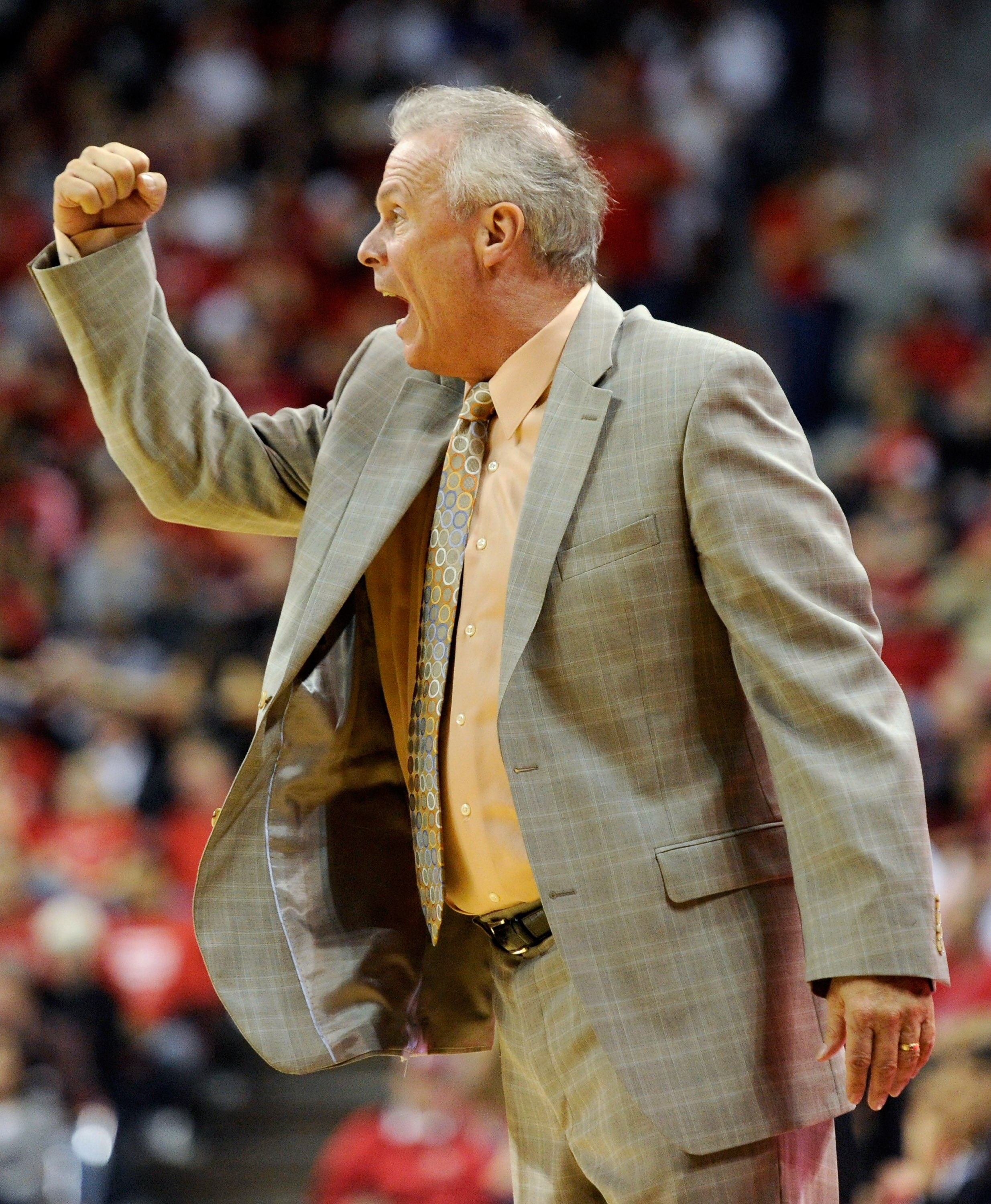 LAS VEGAS - NOVEMBER 20:  Head coach Bo Ryan of the Wisconsin Badgers argues a referee's call during a game against the UNLV Rebels at the Thomas & Mack Center November 20, 2010 in Las Vegas, Nevada. UNLV won 68-65.  (Photo by Ethan Miller/Getty Images)