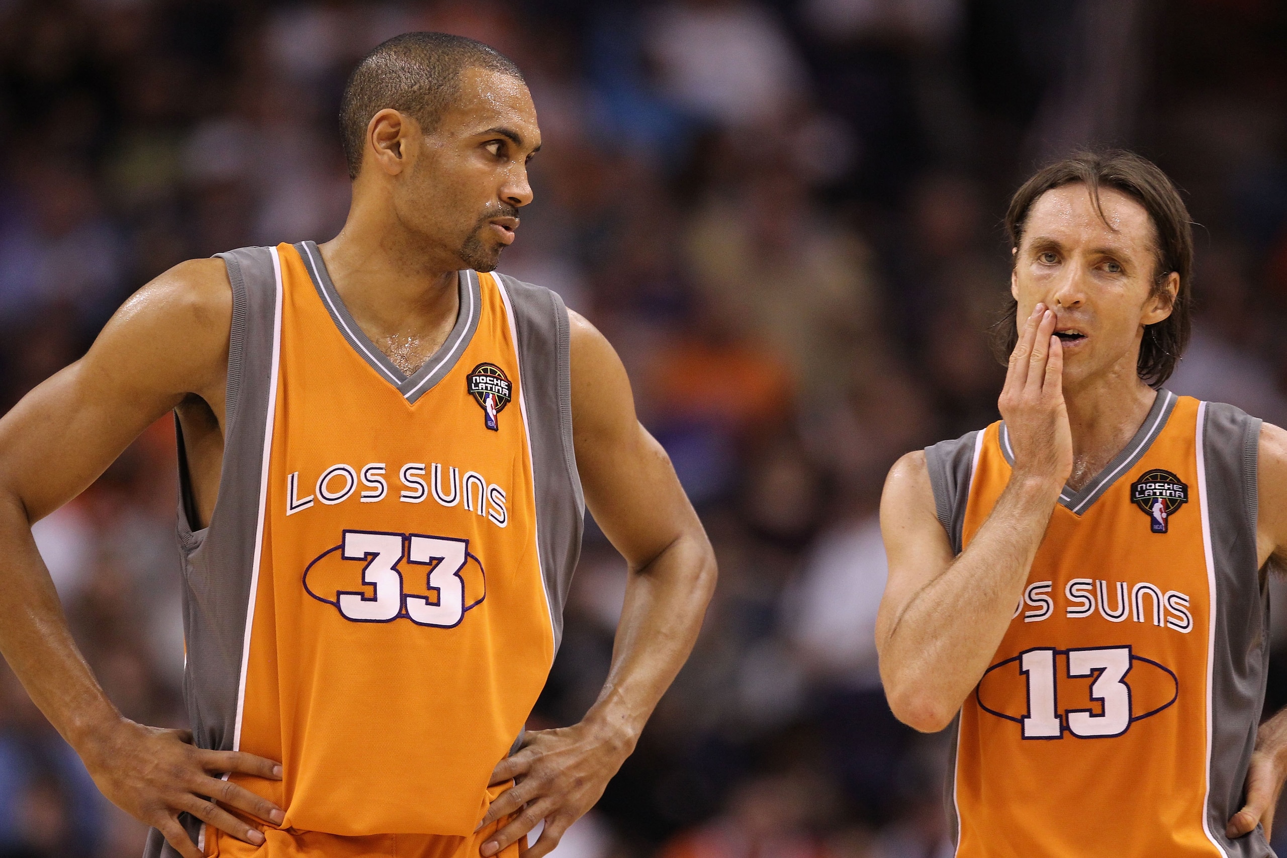 PHOENIX - MARCH 21:  Grant Hill #33 and Steve Nash #13 of the Phoenix Suns during the NBA game against the Portland Trail Blazers at US Airways Center on March 21, 2010 in Phoenix, Arizona. NOTE TO USER: User expressly acknowledges and agrees that, by dow