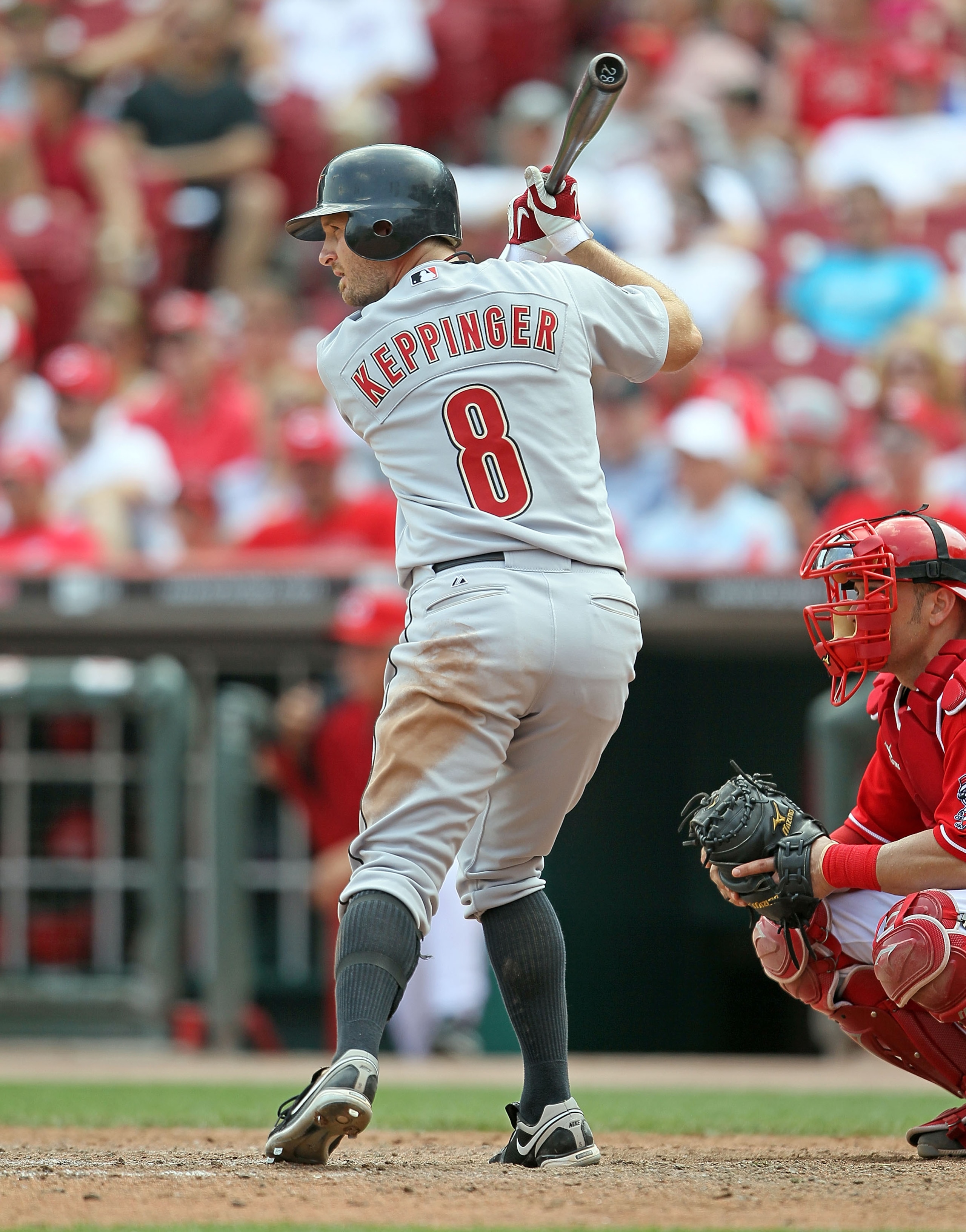 CINCINNATI - MAY 30:  Jeff Keppinger #8 of the Houston Astros is at bat during the game agianst the Cincinnati Reds at Great American Ball Park on May 30, 2010 in Cincinnati, Ohio.  (Photo by Andy Lyons/Getty Images)