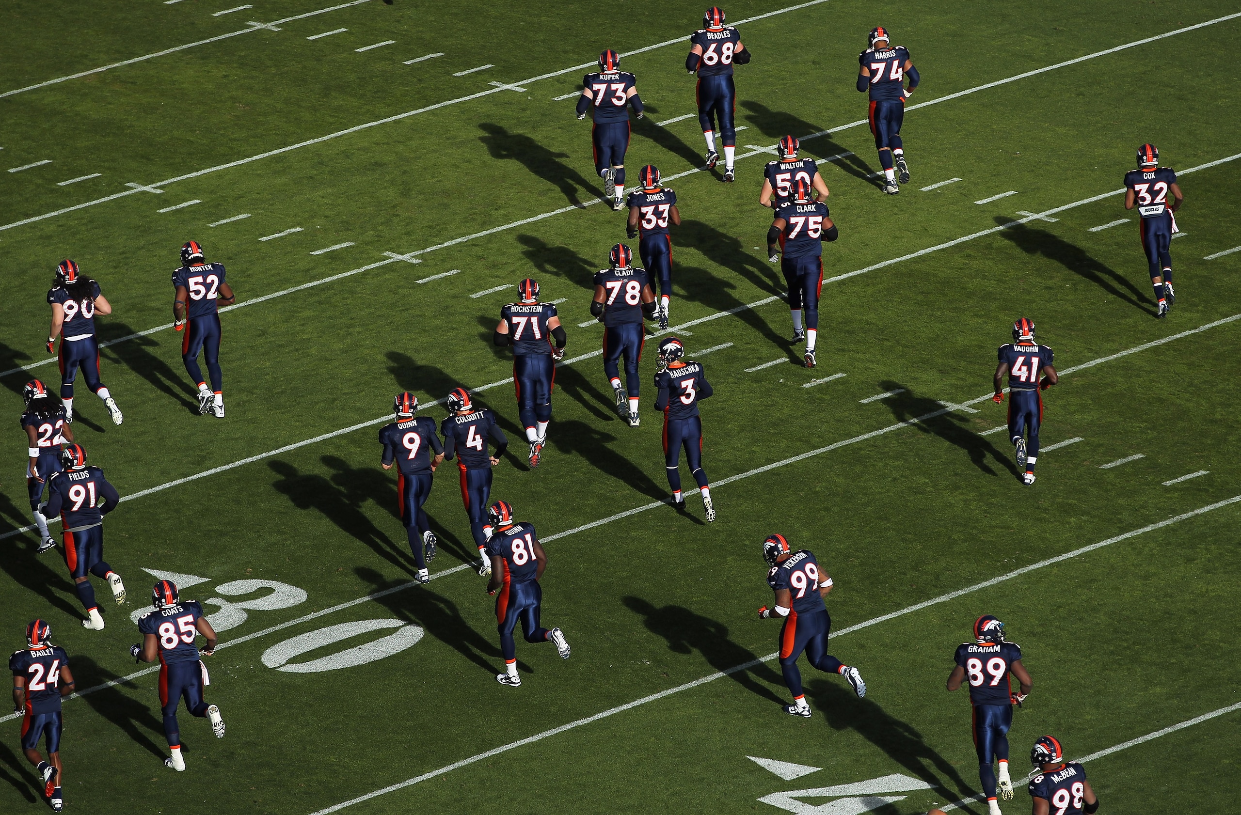 DENVER - DECEMBER 26:  The Denver Broncos take the field to warm up prior to facing the Houston Texas at INVESCO Field at Mile High on December 26, 2010 in Denver, Colorado. The Broncos defeated the Texans 24-23.  (Photo by Doug Pensinger/Getty Images)
