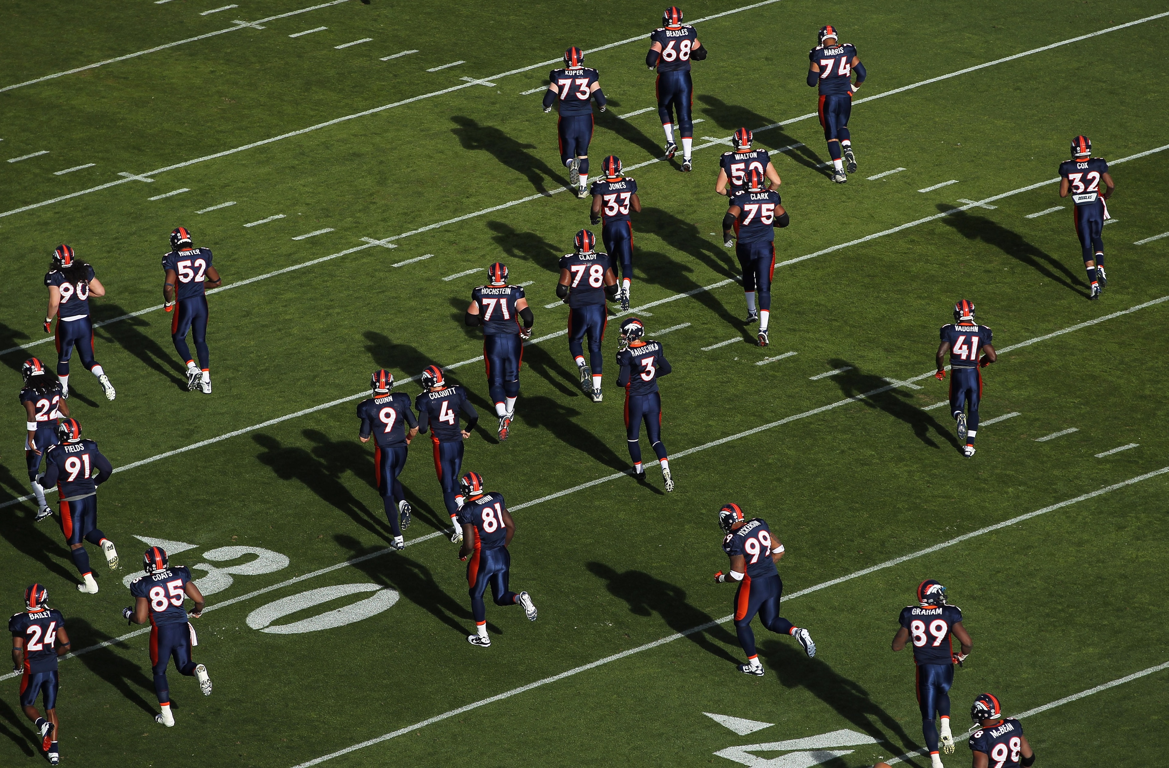 DENVER - DECEMBER 26:  The Denver Broncos take the field to warm up prior to facing the Houston Texas at INVESCO Field at Mile High on December 26, 2010 in Denver, Colorado. The Broncos defeated the Texans 24-23.  (Photo by Doug Pensinger/Getty Images)