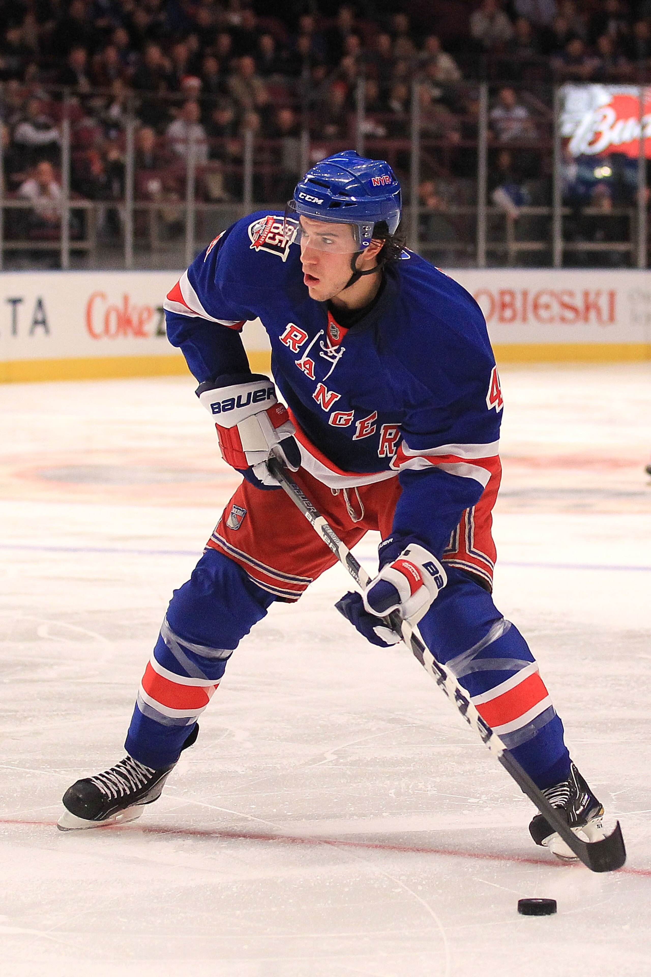NEW YORK, NY - NOVEMBER 29:  Michael Del Zotto #4 of the New York Rangers attacks against the Pittsburgh Penguins during their game on November 29, 2010 at Madison Square Garden in New York City.  (Photo by Chris McGrath/Getty Images)