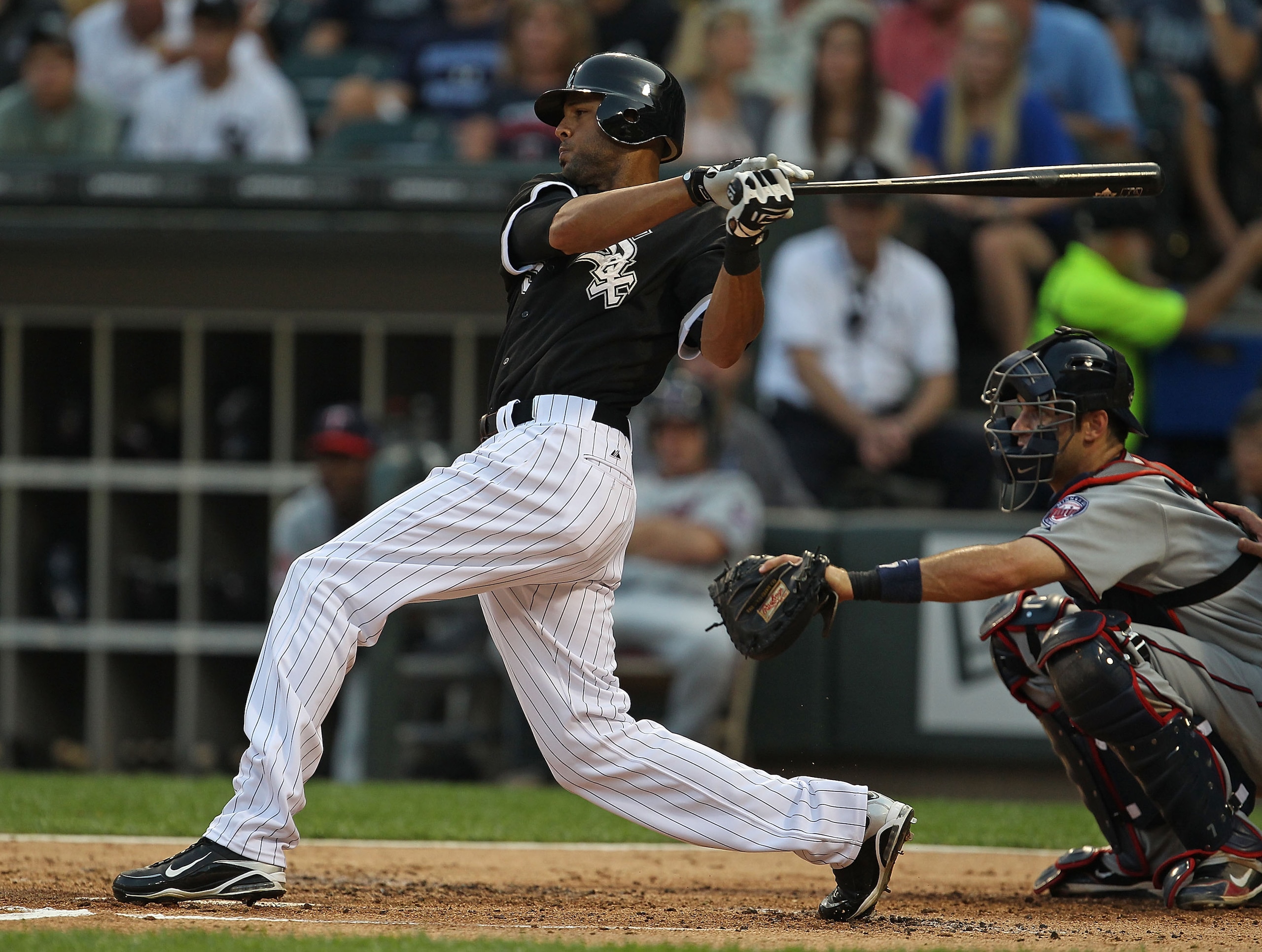 CHICAGO - AUGUST 10: Alex Rios #51 of the Chicago White Sox hits the ball against the Minnesota Twins at U.S. Cellular Field on August 10, 2010 in Chicago, Illinois. The Twins defeated the White Sox 12-6. (Photo by Jonathan Daniel/Getty Images)