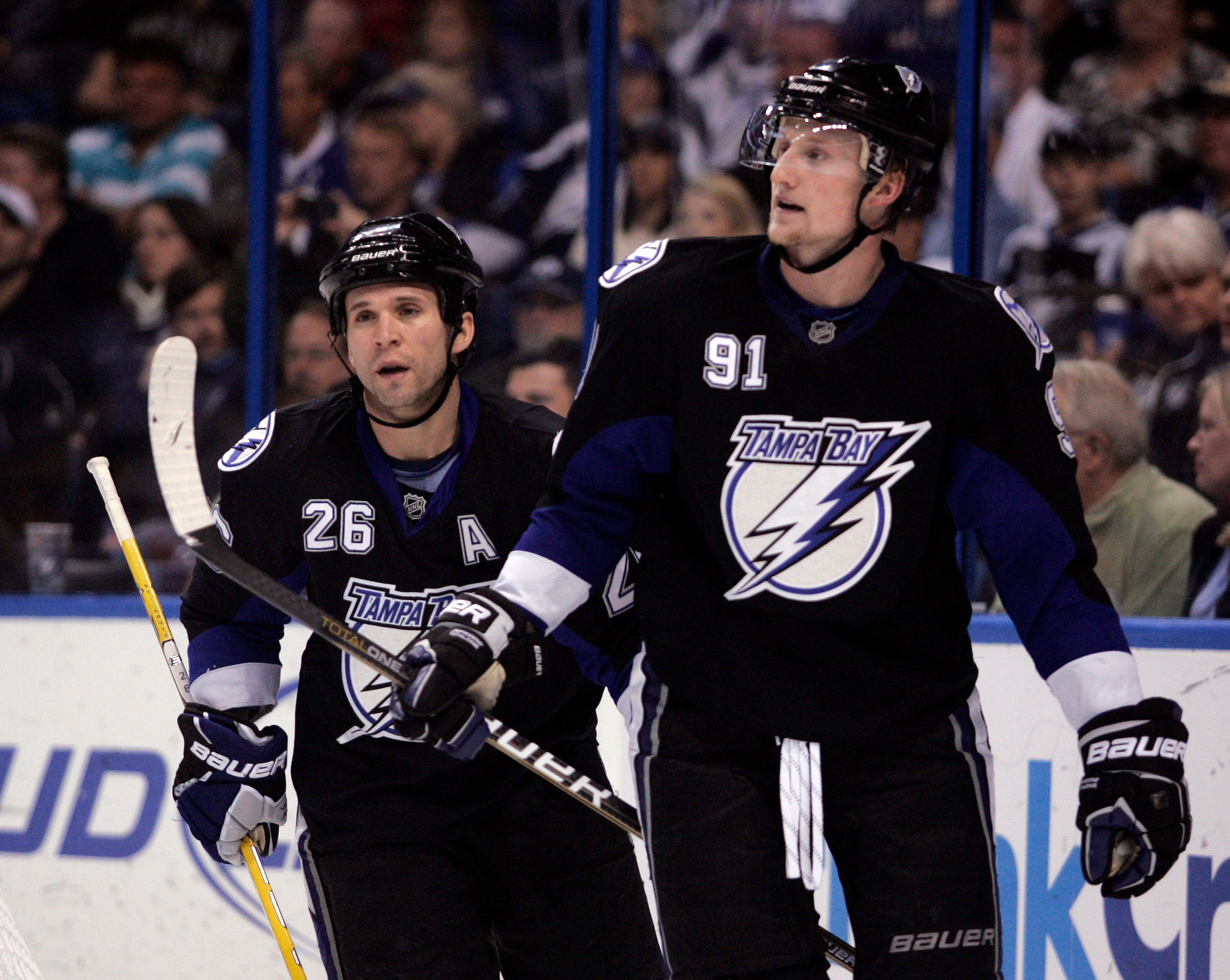 TAMPA, FL - JANUARY 25: Steven Stamkos #91 and Martin St. Louis #26 of the Tampa Bay Lightning look on against the Toronto Maple Leafs at St. Pete Times Forum on January 25, 2011 in Tampa, Florida. (Photo by Justin K. Aller/Getty Images) TAMPA, FL - JANUARY 25: Steven Stamkos #91 and Martin St. Louis #26 of the Tampa Bay Lightning look on against the Toronto Maple Leafs at St. Pete Times Forum on January 25, 2011 in Tampa, Florida. (Photo by Justin K. Aller/Getty Images)