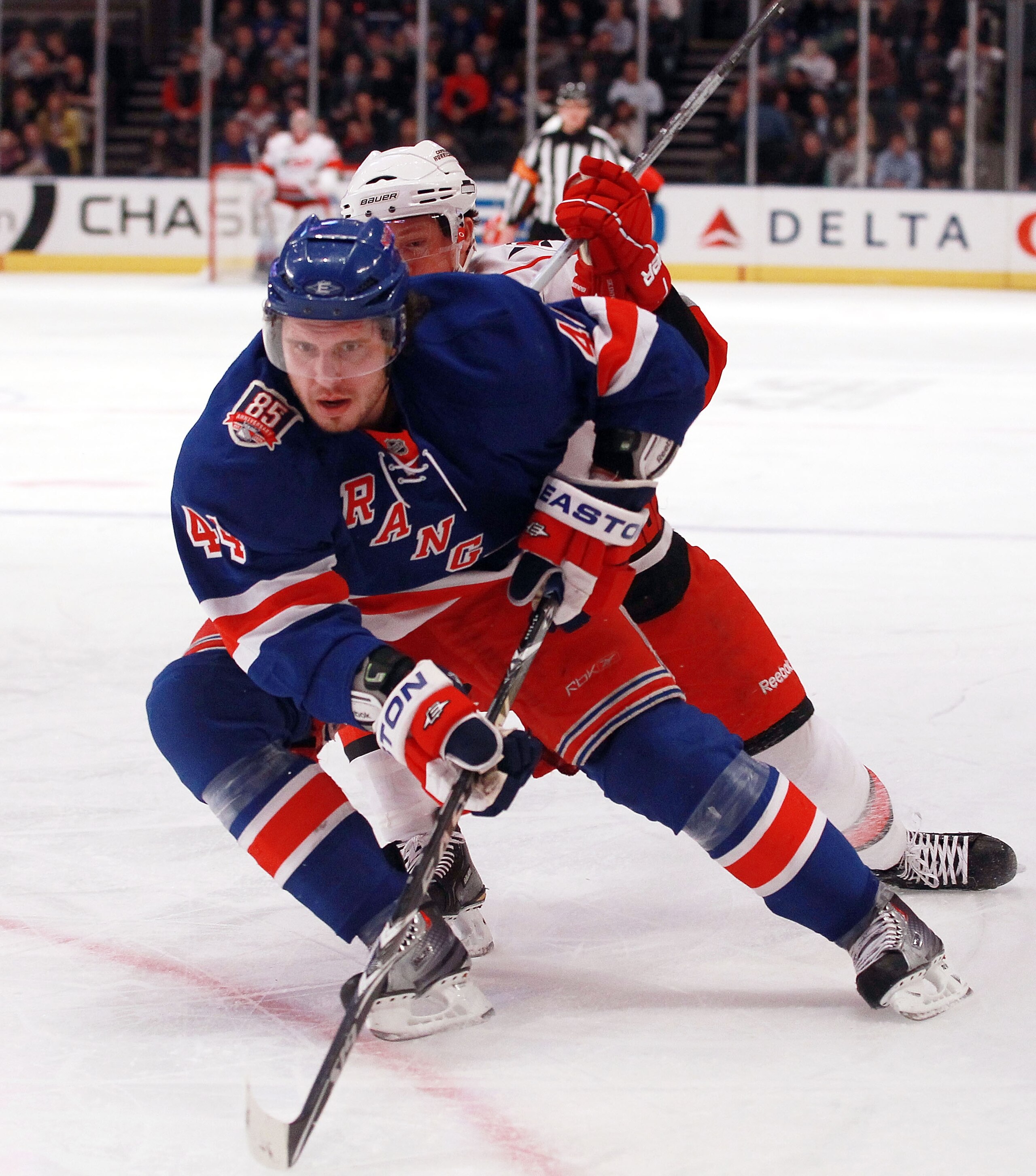 NEW YORK, NY - JANUARY 05:  Steve Eminger #44 of the New York Rangers skates against the Carolina Hurricanes at Madison Square Garden on January 5, 2011 in New York City. The Rangers defeated the Hurricanes 2-1 in overtime.  (Photo by Bruce Bennett/Getty