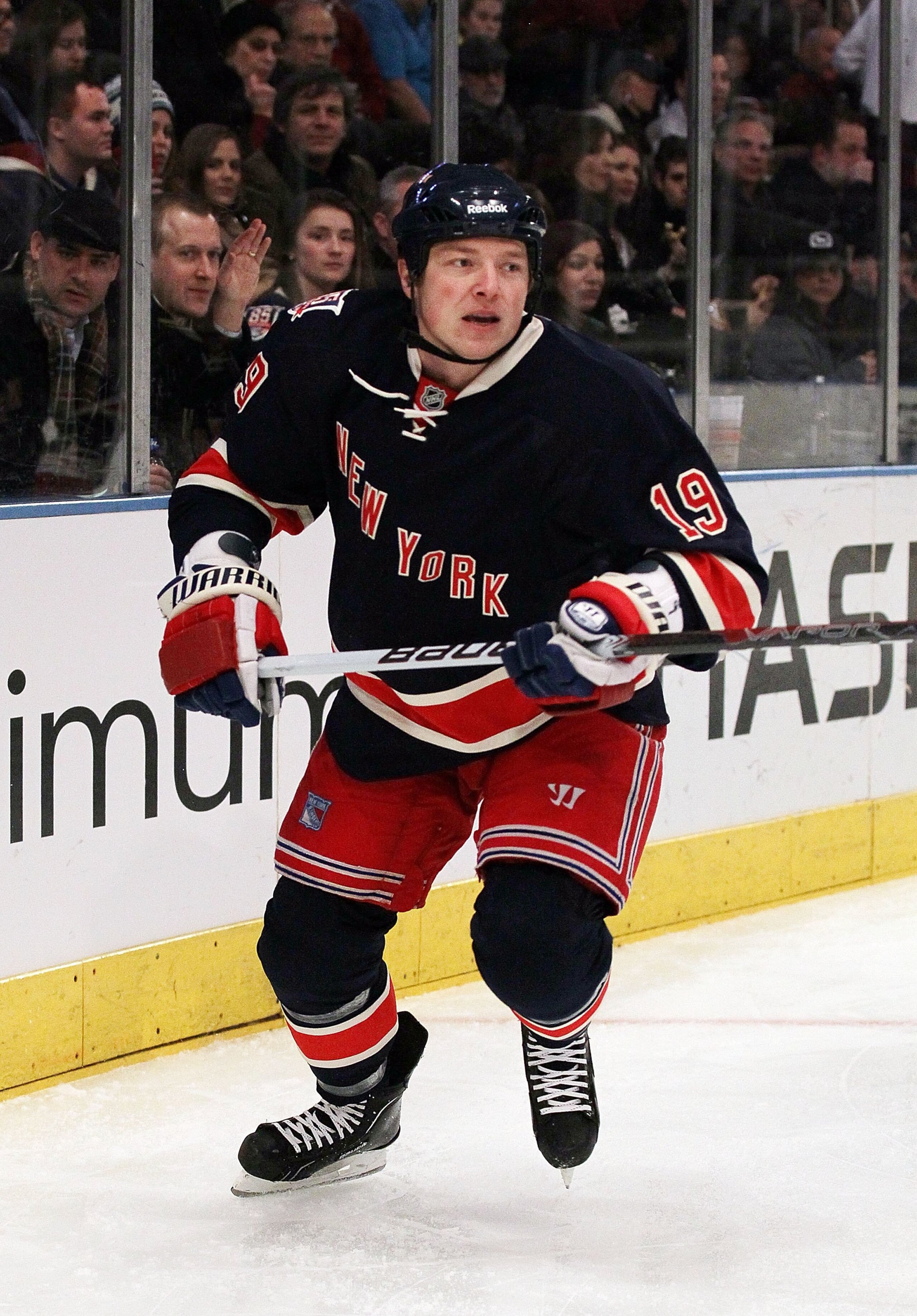 NEW YORK, NY - JANUARY 11:  Ruslan Fedotenko #19 of the New York Rangers skates against the Montreal Canadiens on January 11, 2011 at Madison Square Garden in New York City. Montreal defeated the Rangers 2-1.  (Photo by Jim McIsaac/Getty Images)